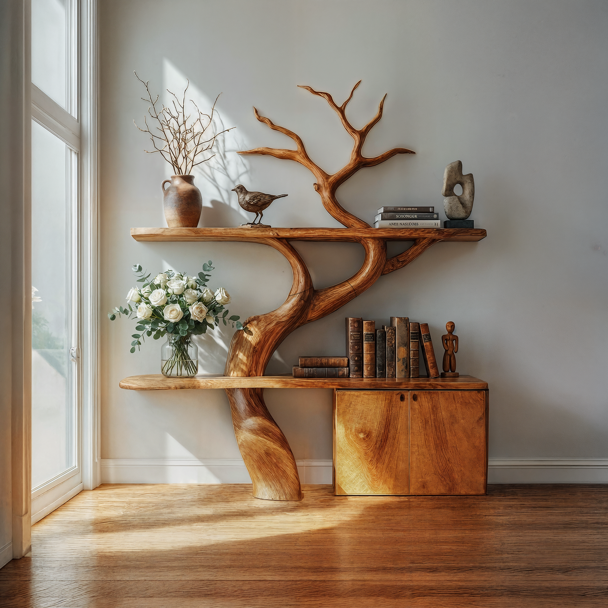 Rustic Tree Branch Bookshelf With Storage Cabinet For Living Room And Bedroom Space SINLKITB714