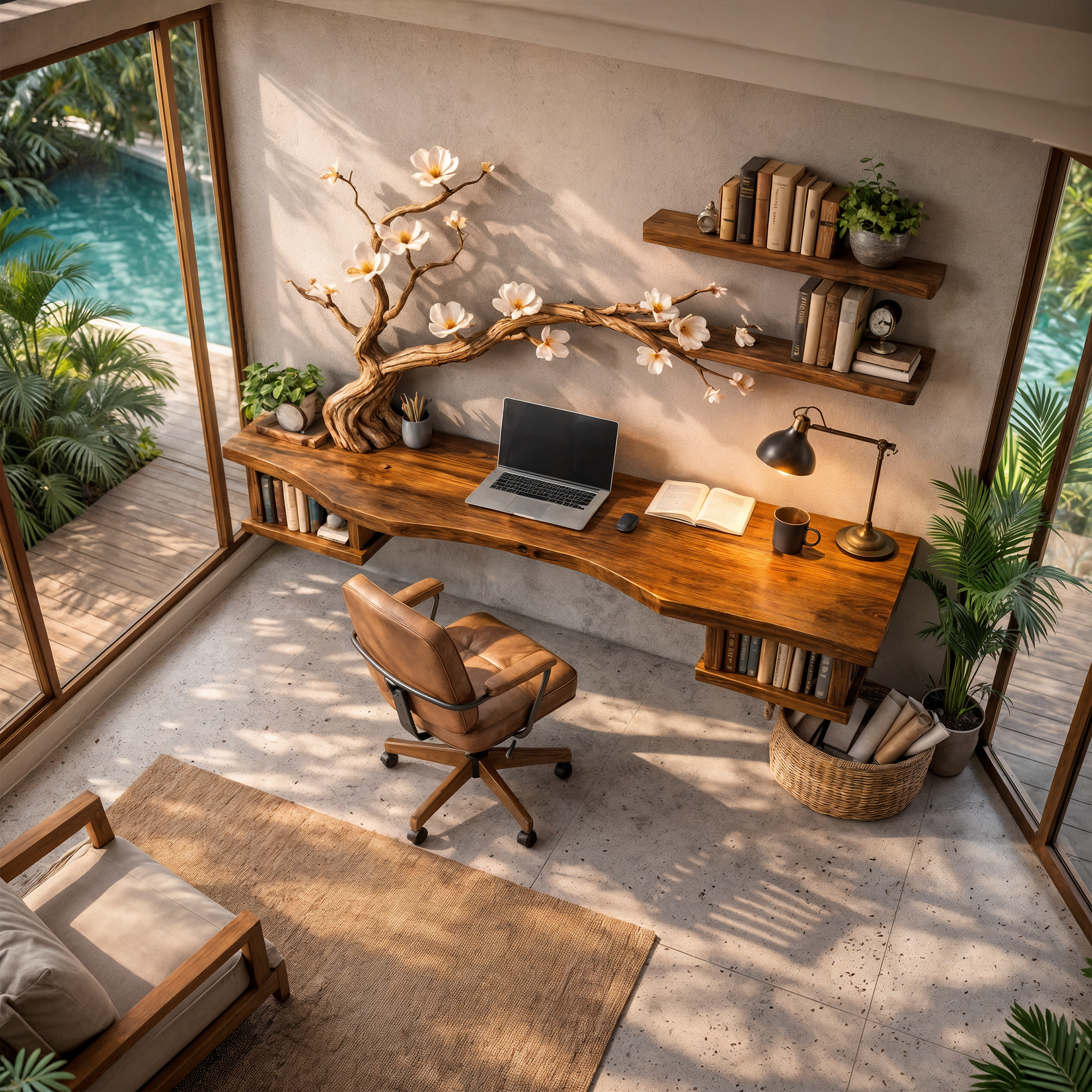 Organic Sculptural Floating Desk With Tree Branch Art For Home Office SINLKIDK087