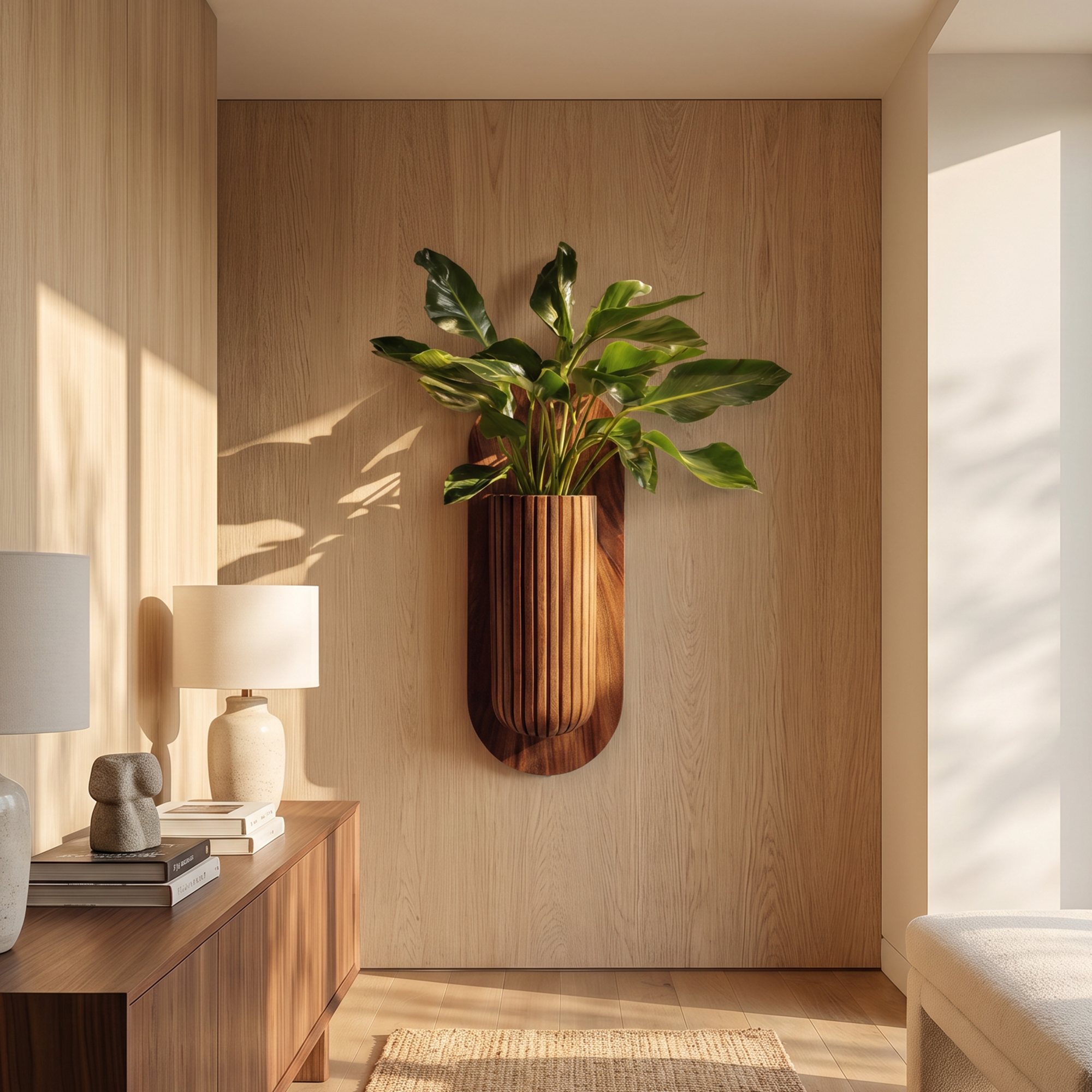 Minimalist Wood Wall Planter With Solid Wood Display Vessel For Plants SINLKIWPR001