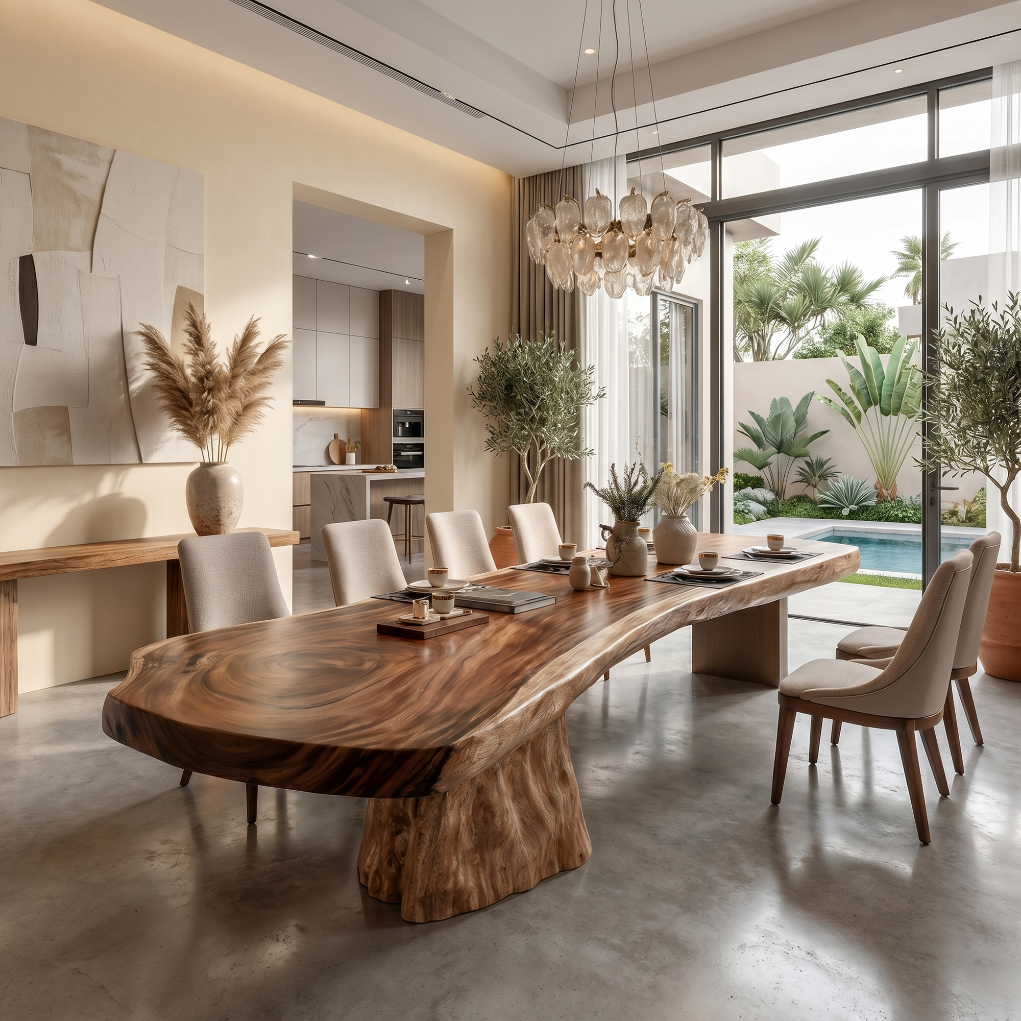 Organic Sculptural Dining Table With Live Edge Solid Wood Top And Pedestal Base For Dining Room SINLKIDT185