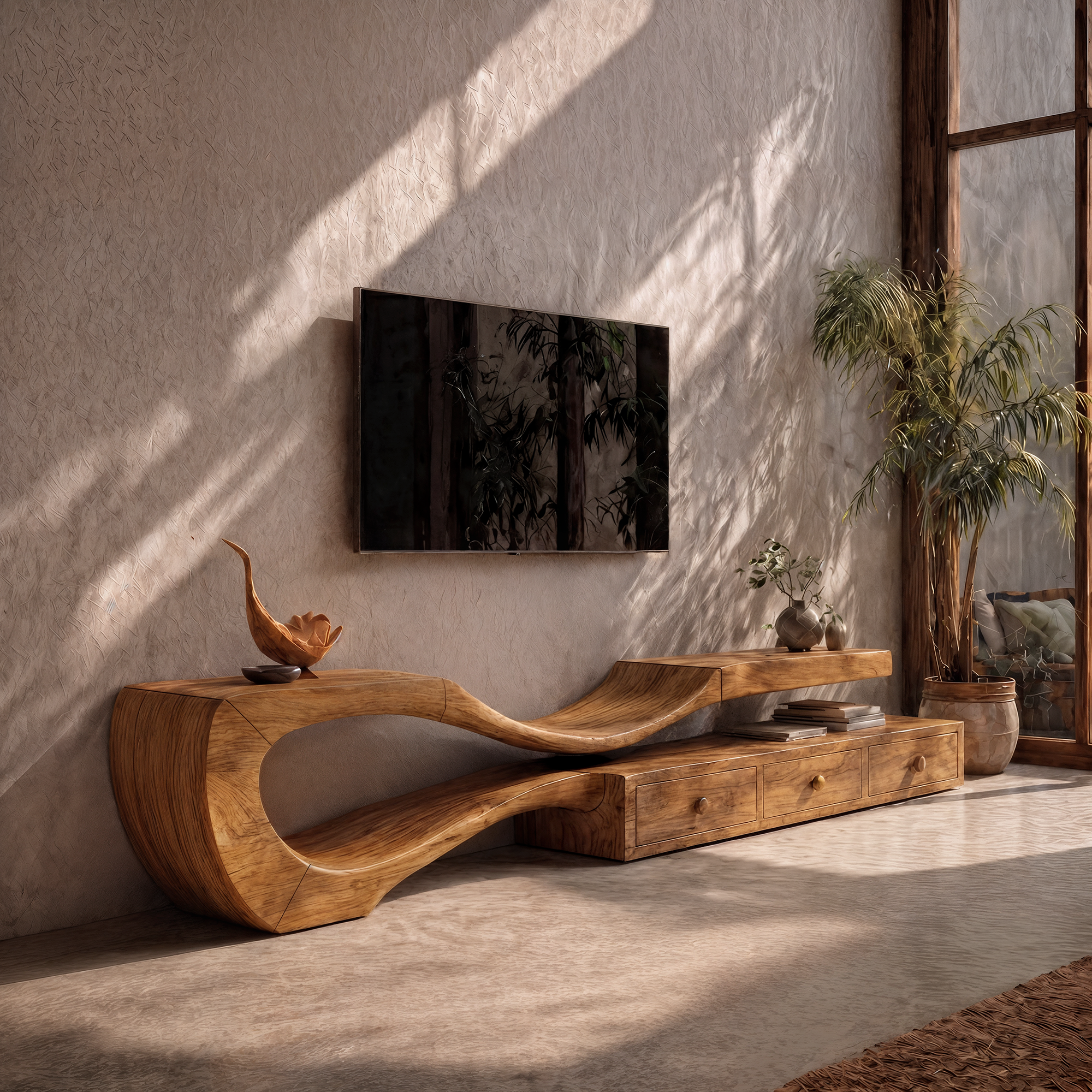 Modern TV Cabinet With Sculptural Curved Wood Base And Built In Storage Drawers For Living Room SINLKITC031
