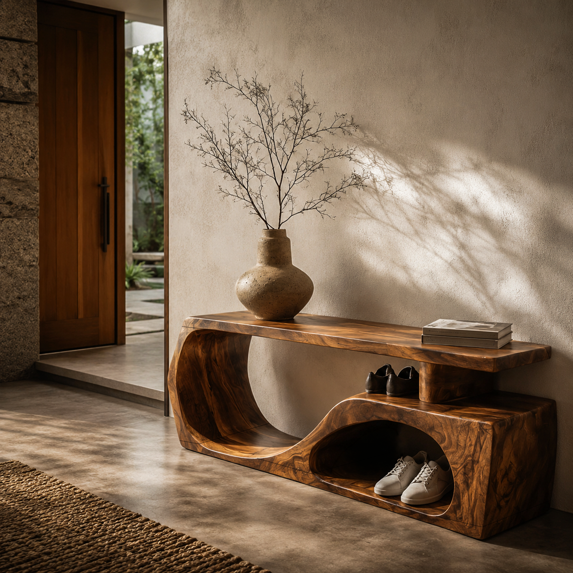 Contemporary Bench With Curved Open Shoe Storage For Entryway And Living Room SINLKIRS119