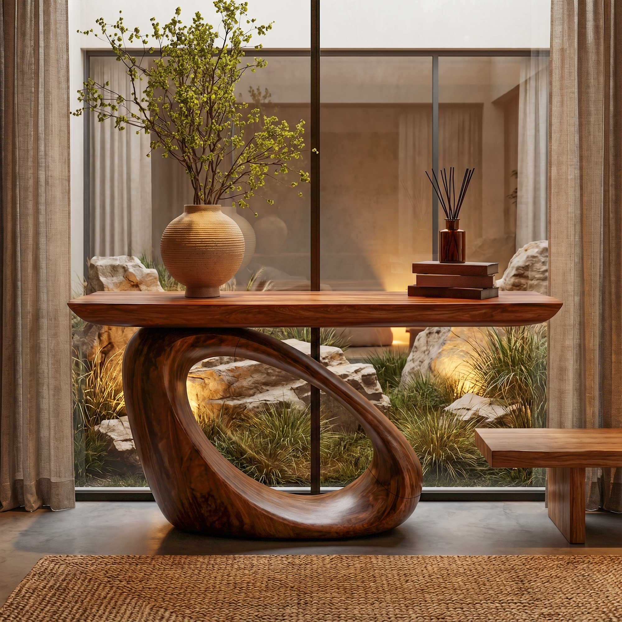 Modern Organic Console Table With Sculptural Loop Pedestal Wood Base For Entryway And Living Room SINLKICS595