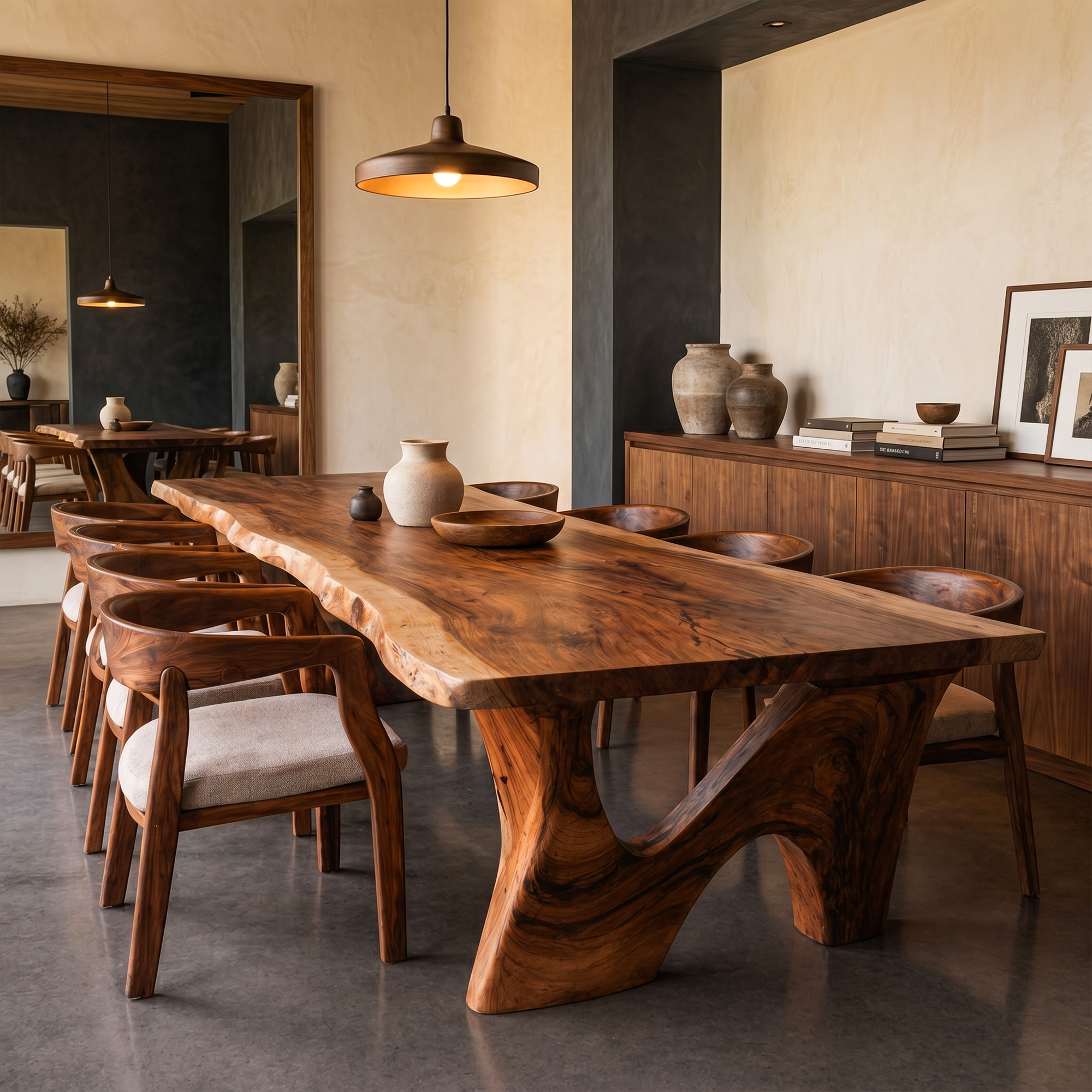Rustic Modern Dining Table With Solid Wood Top And Sculptural Curved Base For Dining Room SINLKIDT186