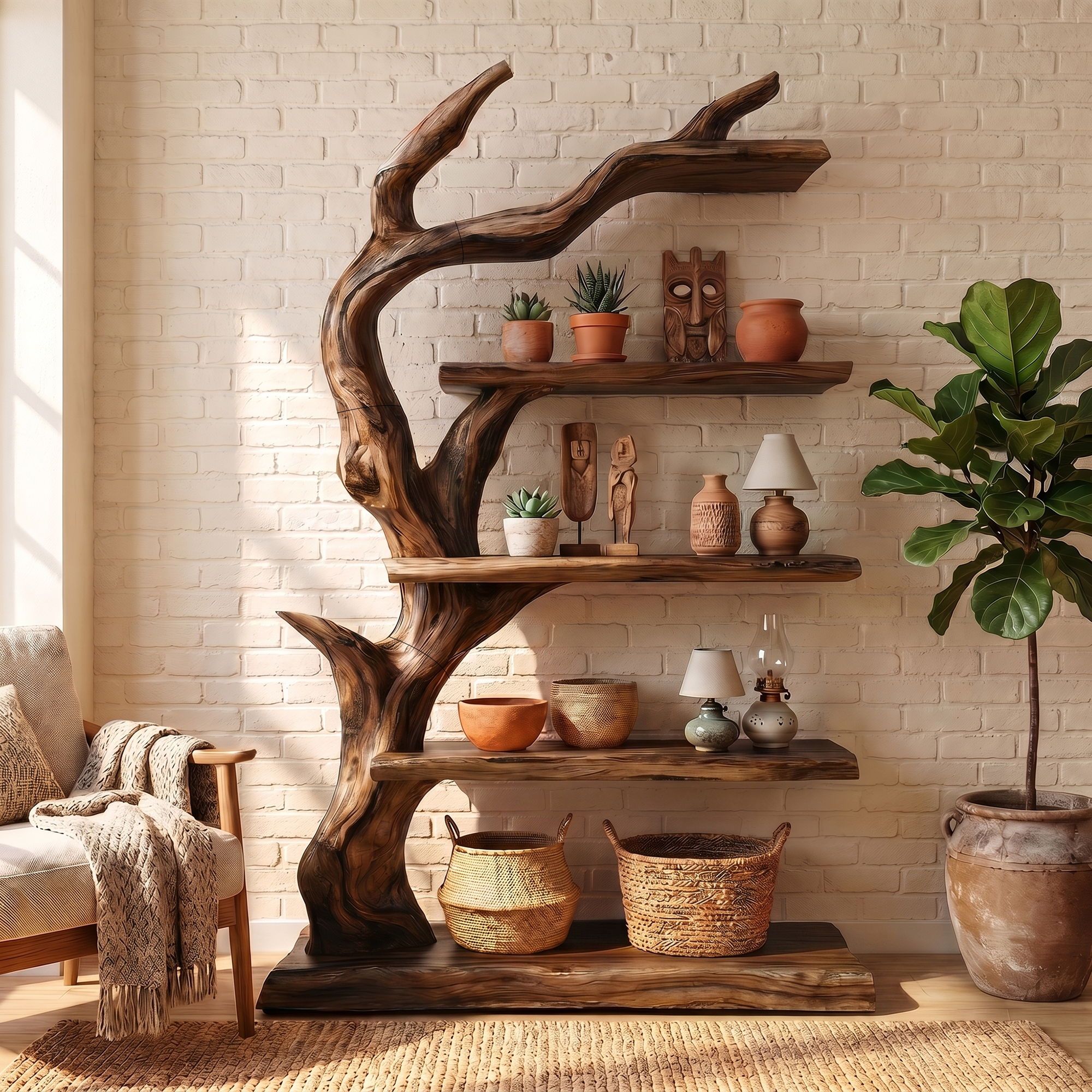 Rustic Tree Bookshelf With Handcrafted Branch Design And Open Display Shelves For Living Room SINLKITB736