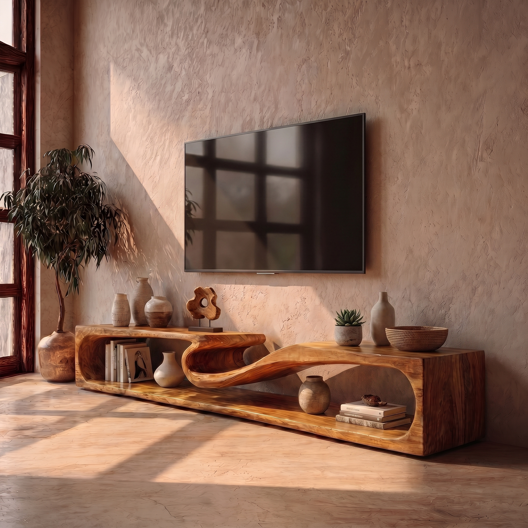 Minimalist TV Cabinet With Rounded Edge Wood Frame And Open Storage Design For Living Room SINLKITC034