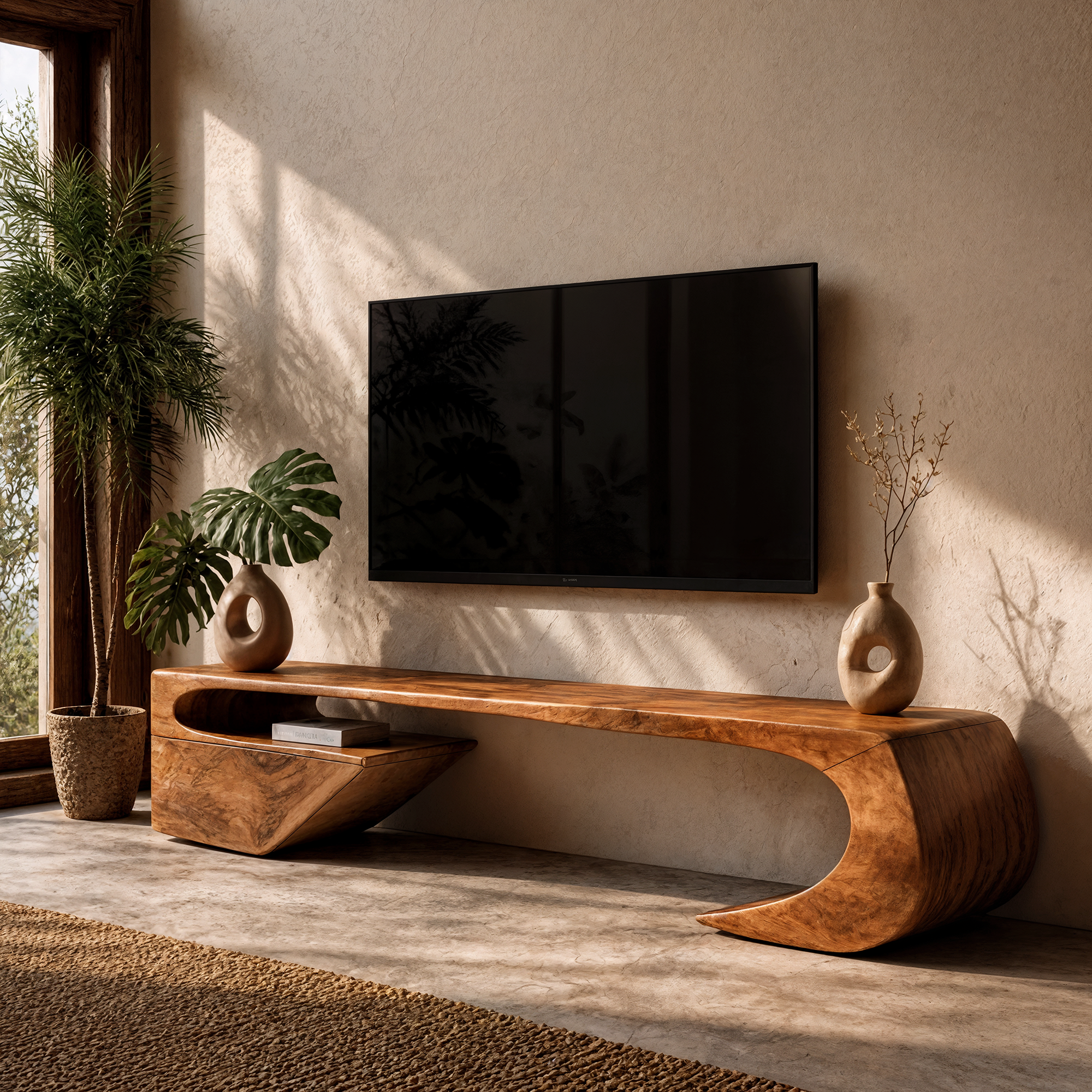 Japandi TV Cabinet With Sculptural Curved Wood Base And Solid Wood Media Console For Living Room SINLKITC035