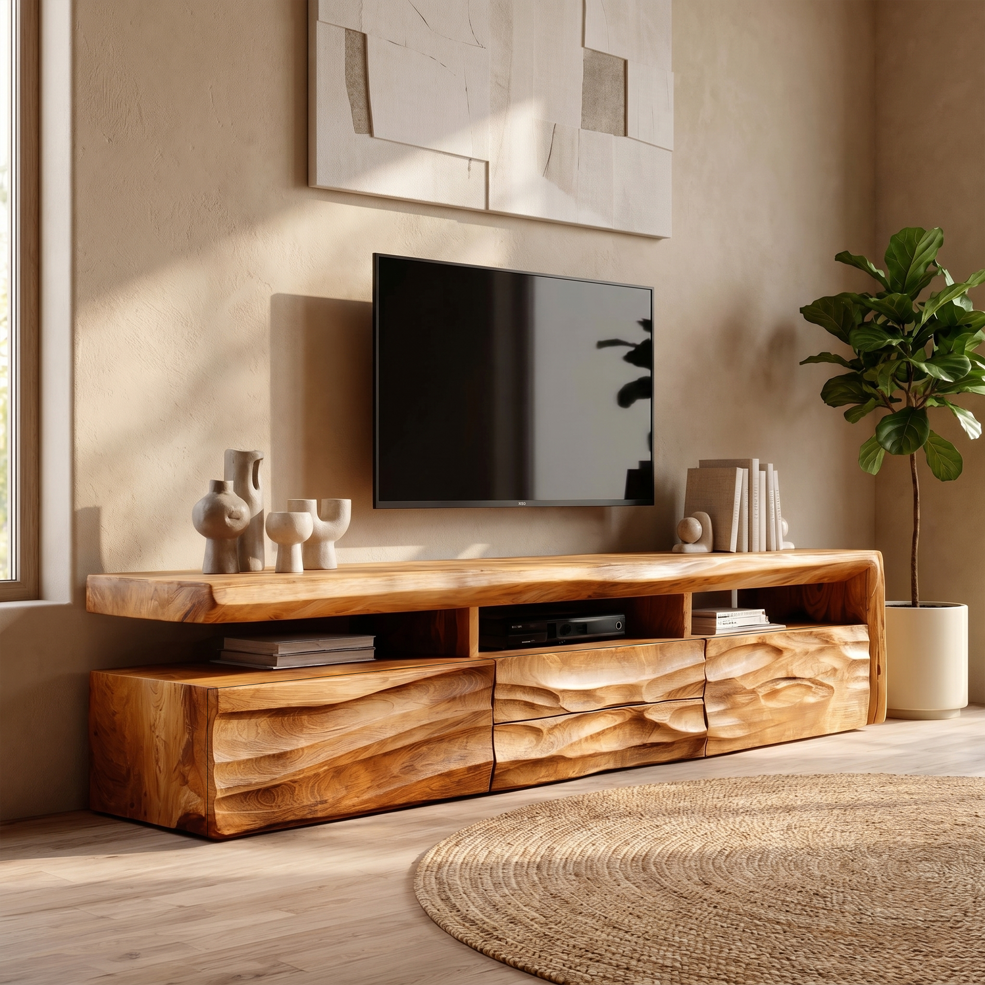 Organic TV Cabinet With Hand Carved Solid Wood Front And Open Media Storage For Living Room SINLKITC048