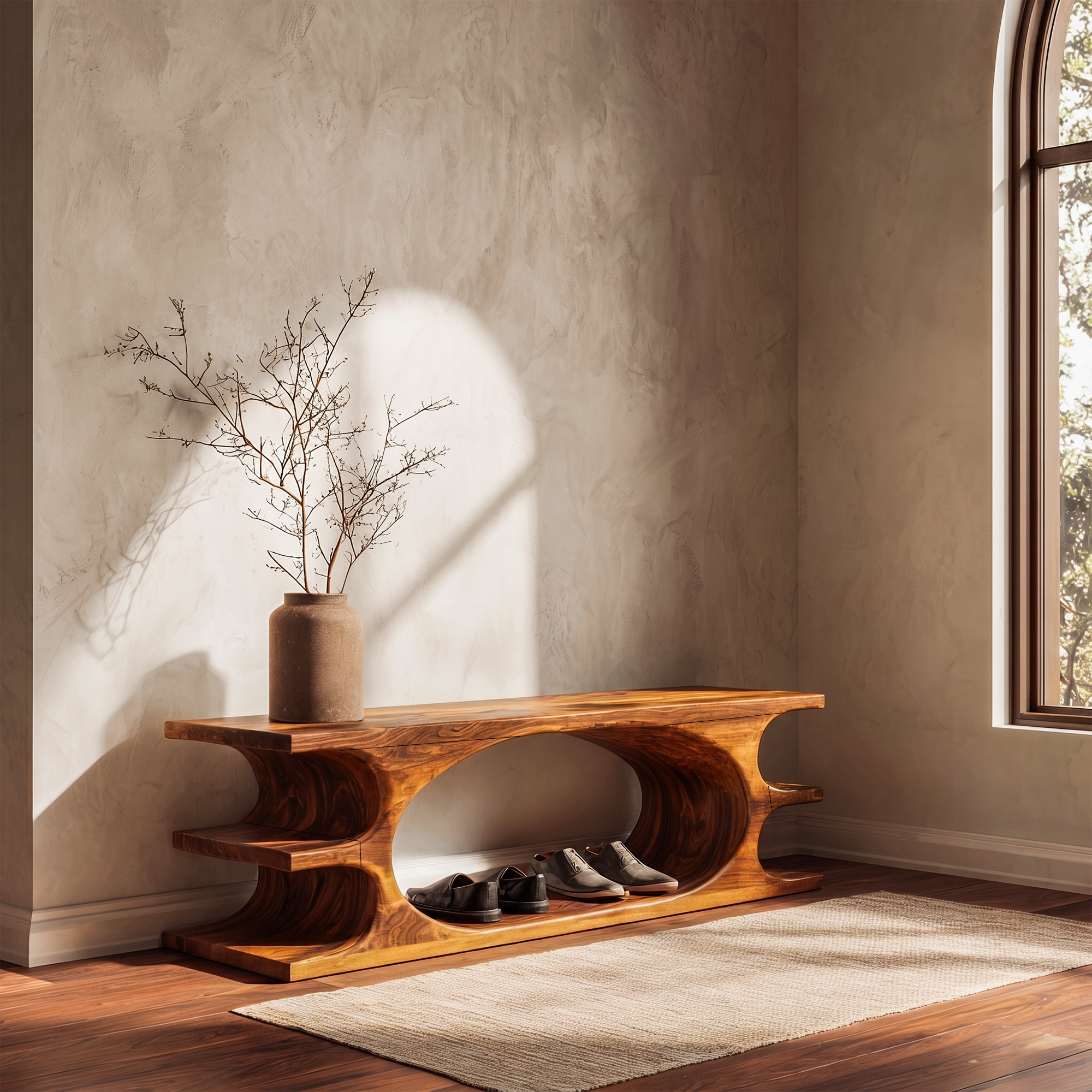 Organic Sculptural Wooden Bench With Flowing Curved Base For Living Room And Entryway SINLKIRS106