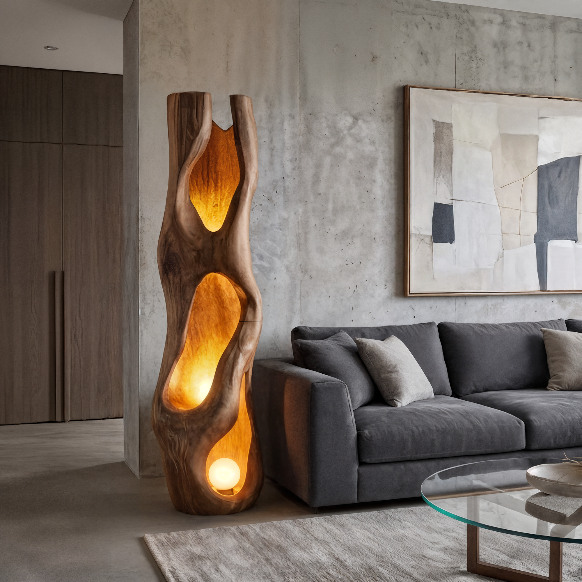 Nature Inspired Floor Lamp Carved Wood Sculpture For Living Room SINLKIFLP106