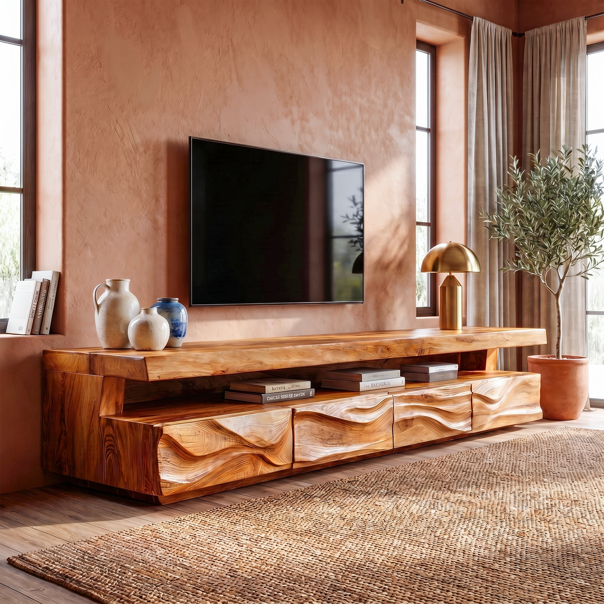 Modern TV Stand With Hand Carved Solid Wood Front And Media Storage For Living Room SINLKITC049