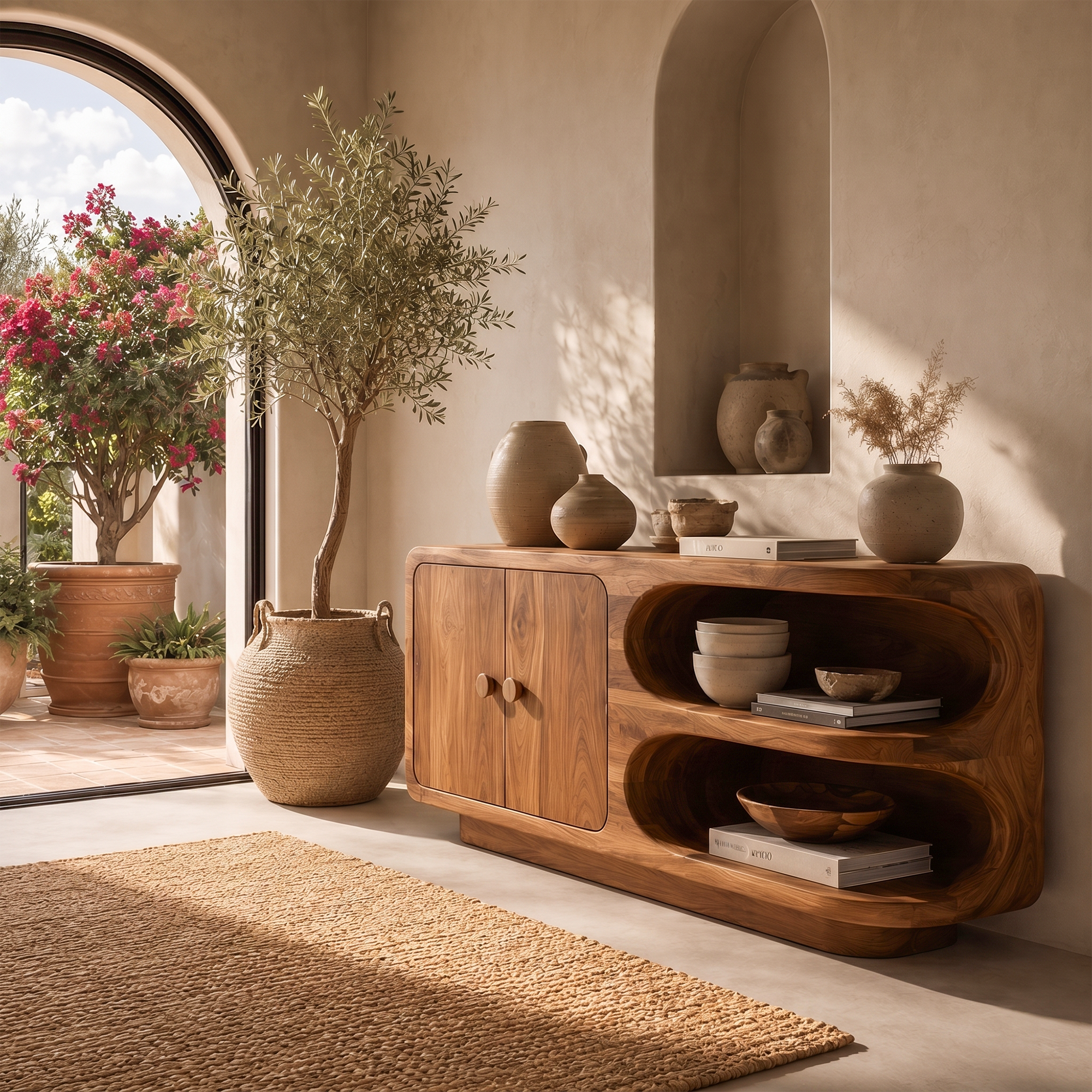 Organic Sideboard With Rounded Solid Wood Frame And Open Display Shelves For Living Room SINLKISC526