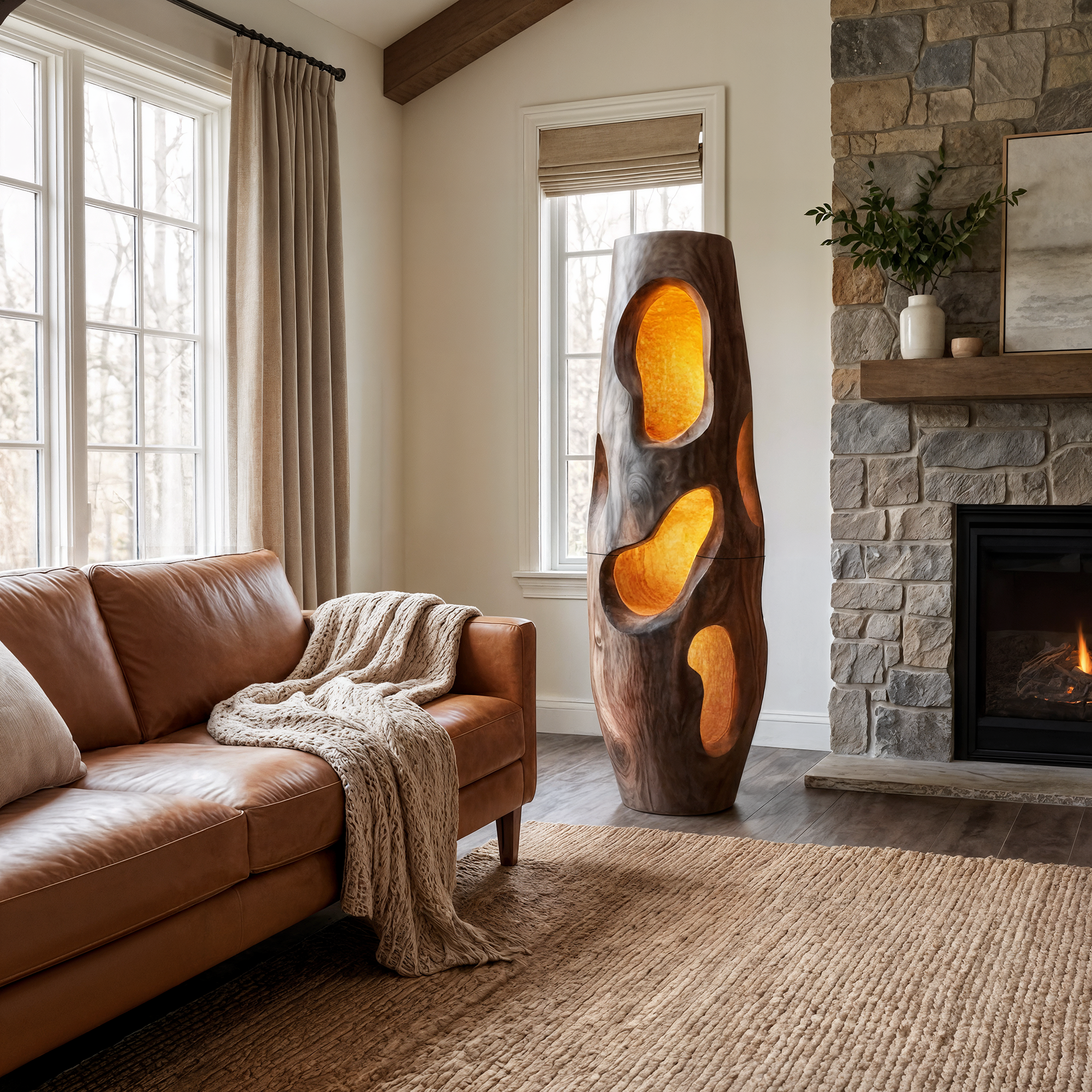 Sculptural Floor Lamp Natural Wood Form For Living Room SINLKIFLP107