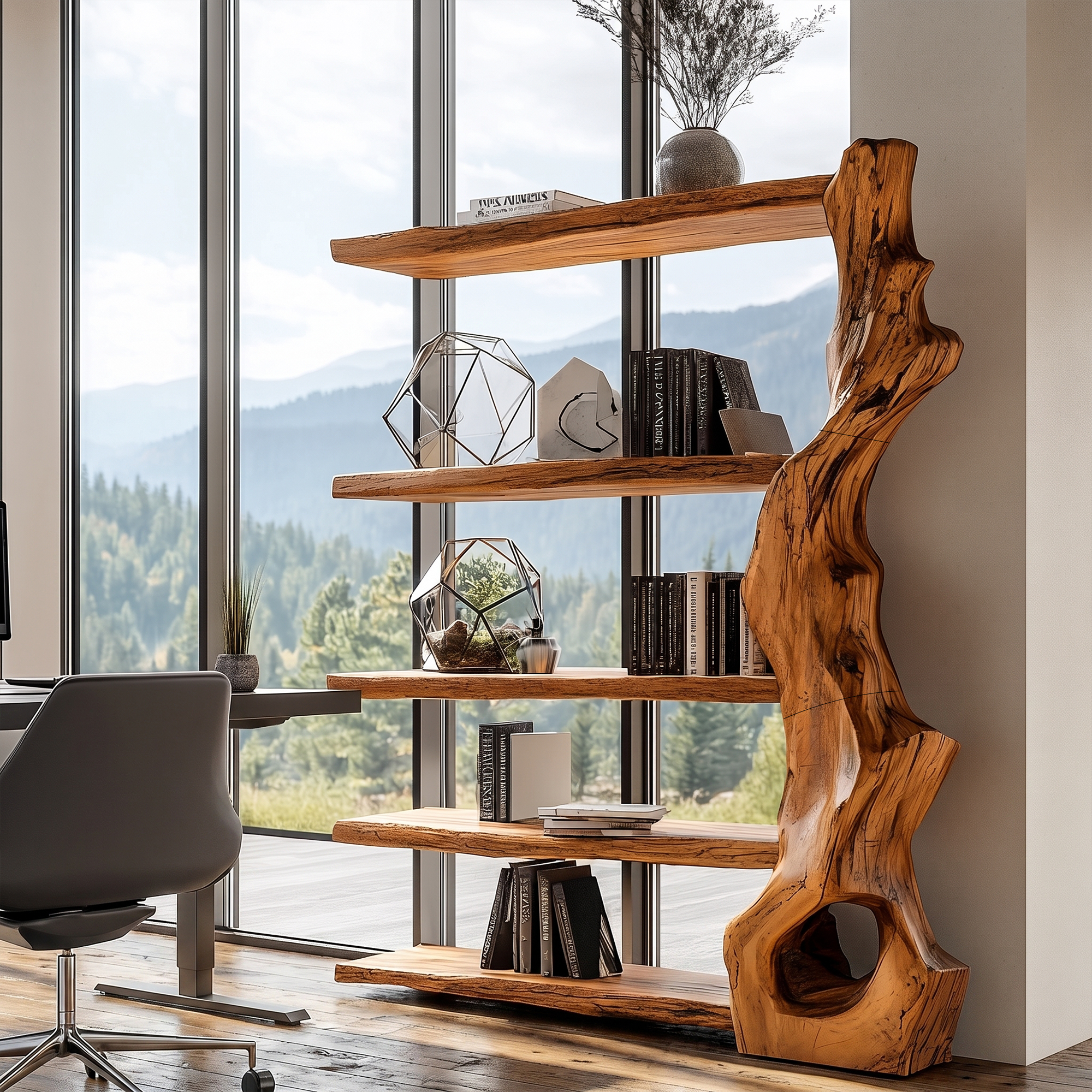 Rustic Tree Bookshelf With Handcrafted Branch Base And Open Shelves SINLKITB739