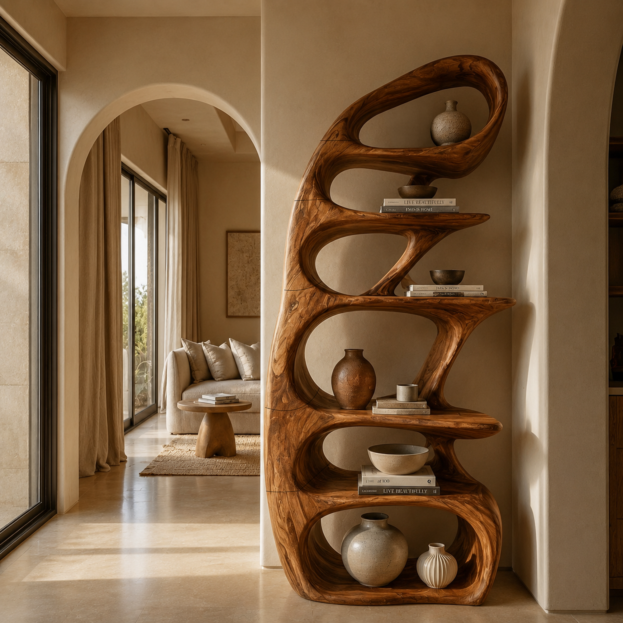 Sculptural Bookshelf With Tree Inspired Curved Shelves And Solid Wood Frame For Living Room SINLKIBS033