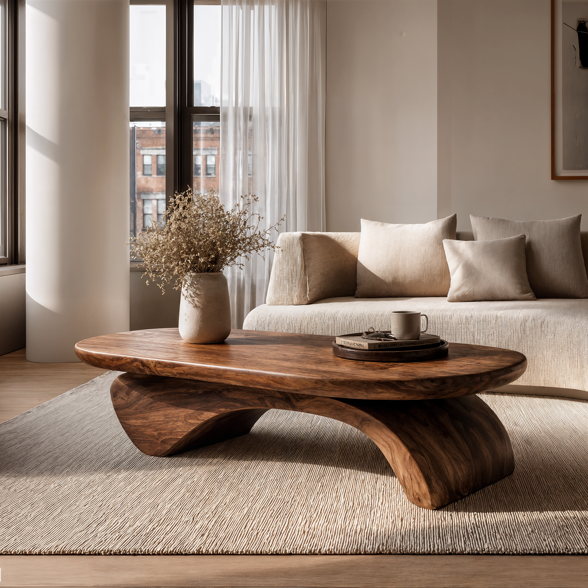 Rustic Live Edge Coffee Table With Artistic Curved Wood Pedestal For Living Room SINLKICF374