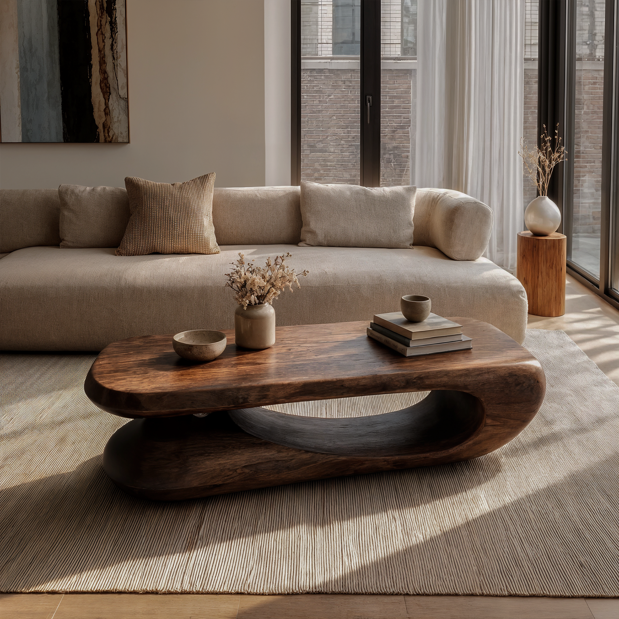 Organic Coffee Table With Flowing Monolithic Wood Form For Living Room SINLKICF375