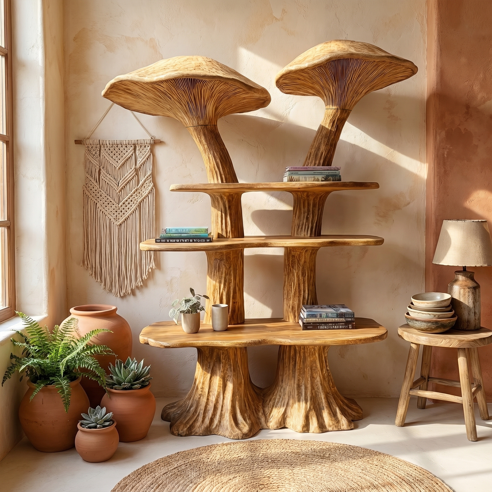 Rustic Mushroom Bookshelf With Handcrafted Solid Wood Shelves For Living Room SINLKITB741