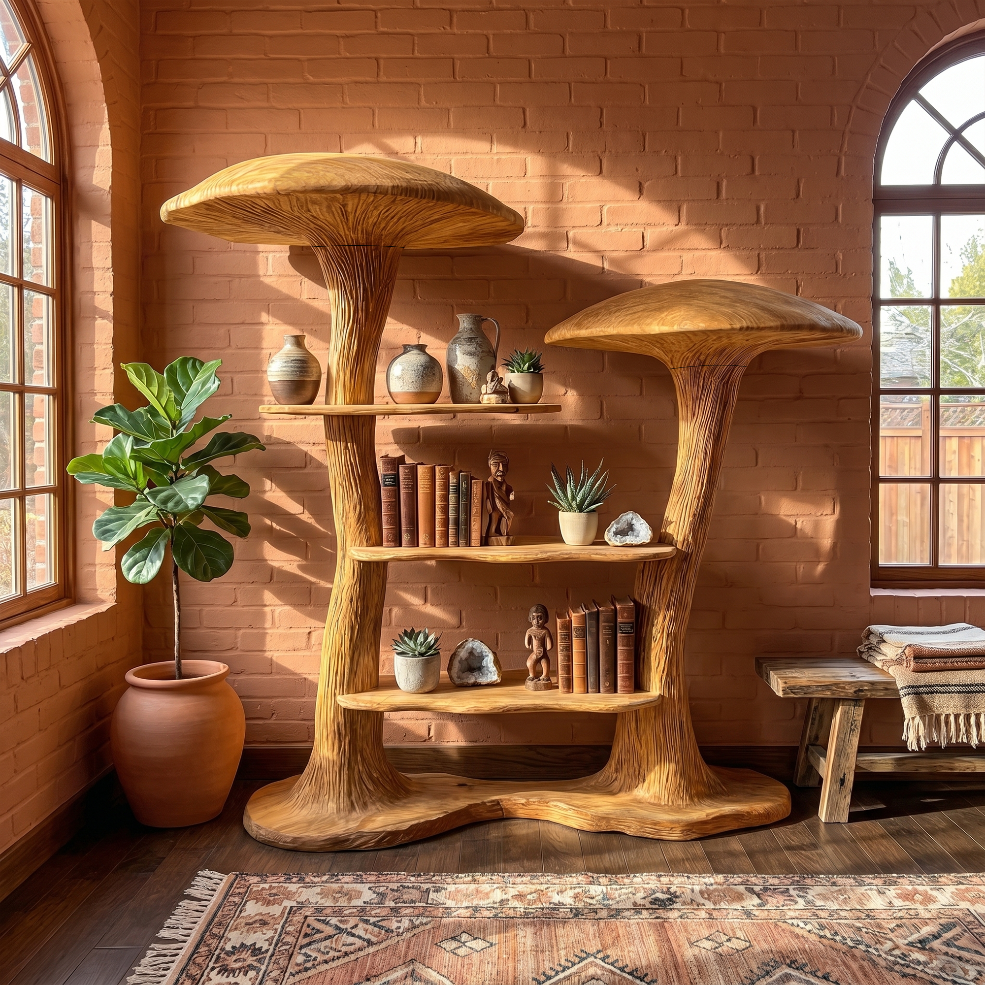 Organic Modern Mushroom Bookcase With Sculptural Solid Wood Form For Living Room SINLKITB742