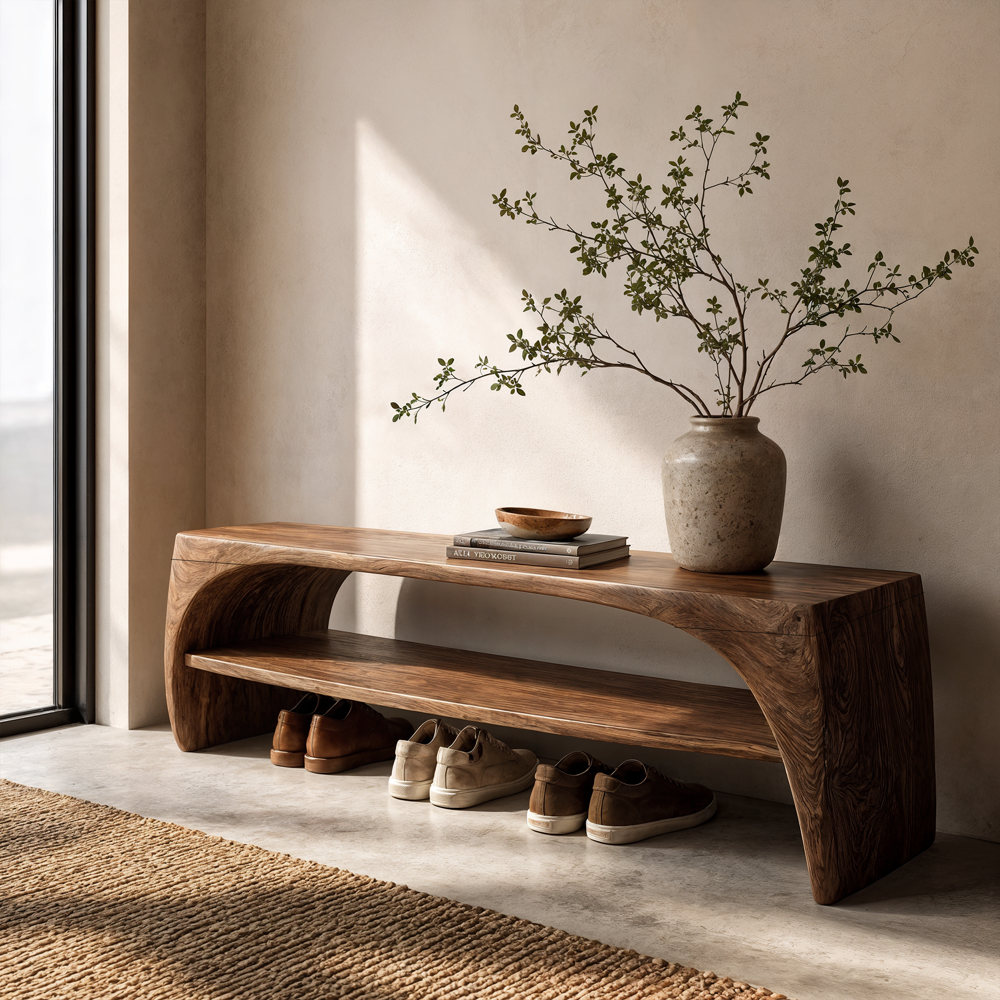 Rustic Live Edge Bench With Open Shoe Storage Shelf For Entryway SINLKIRS113