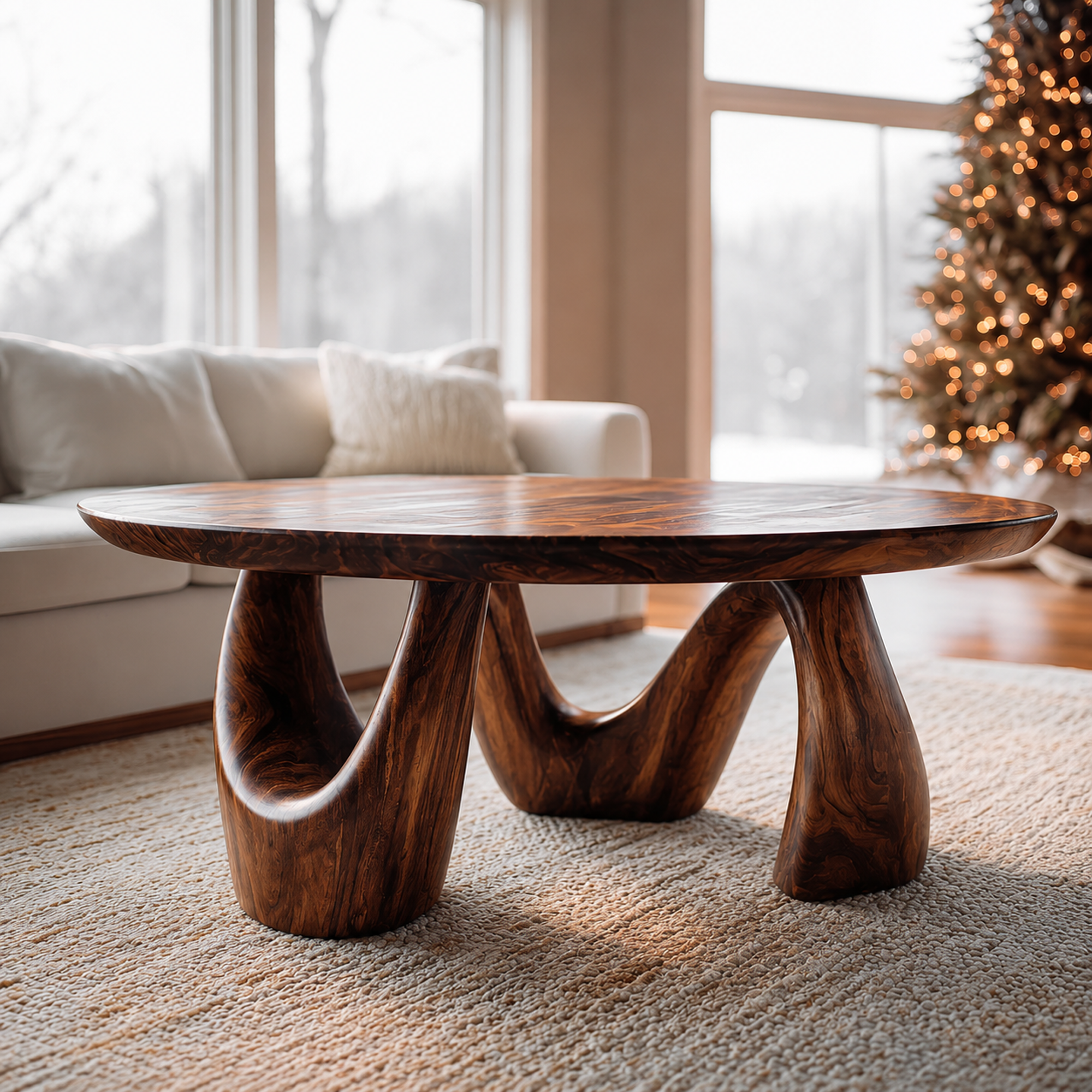 Organic Coffee Table With Freeform Live Edge Top And Sculptural Loop Wood Base For Living Room SINLKICF378