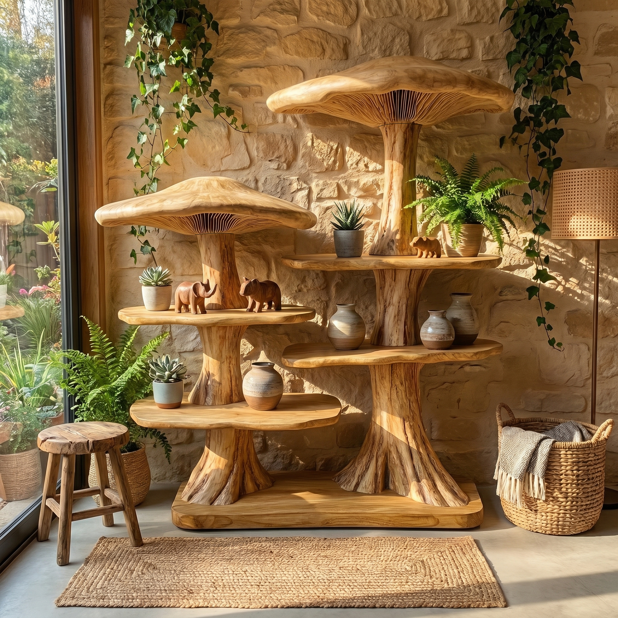 Mushroom Tree Bookshelf With Handcrafted Solid Wood Structure For Reading Corner SINLKITB744