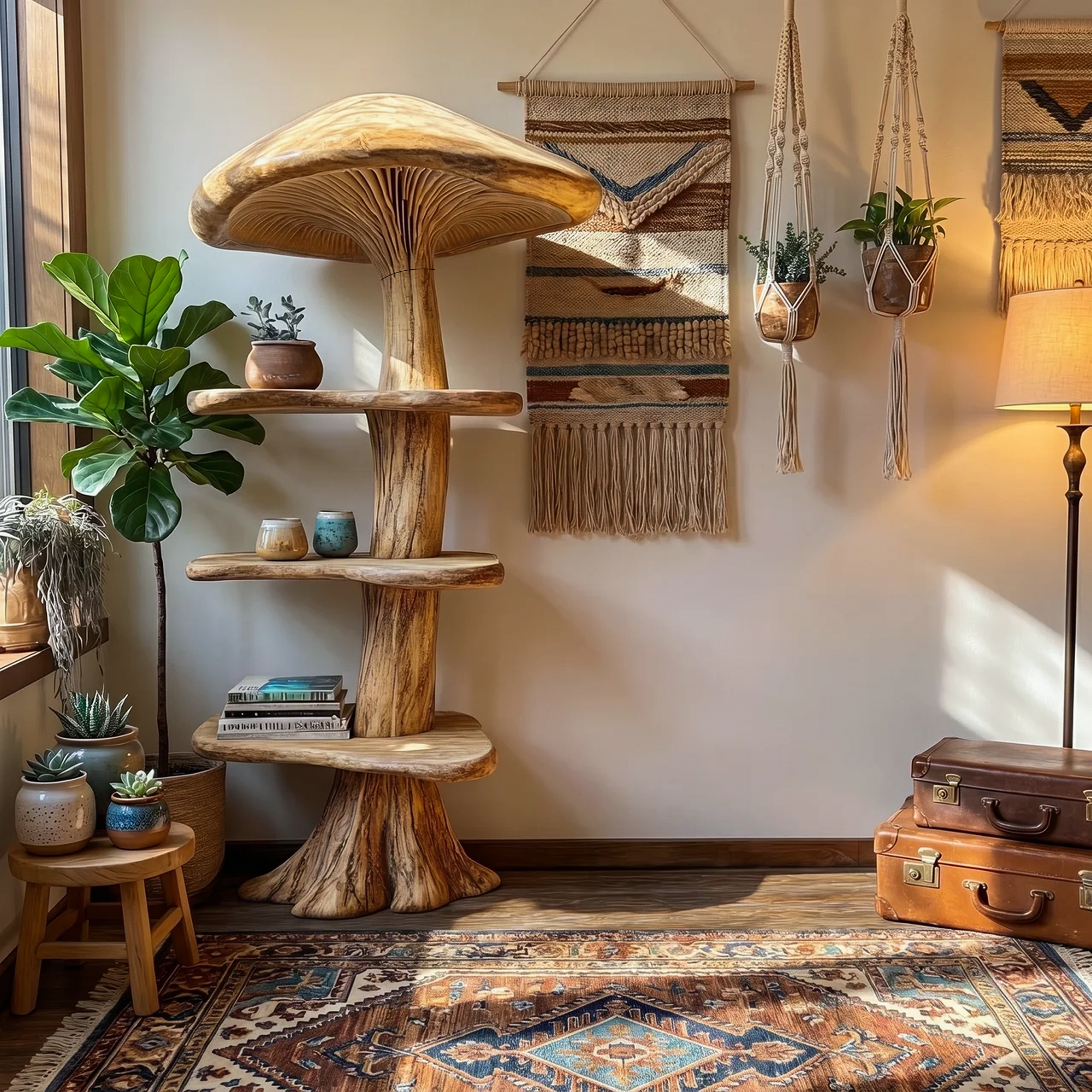 Organic Mushroom Bookshelf With Handcrafted Solid Wood Shelves For Living Room SINLKITB745