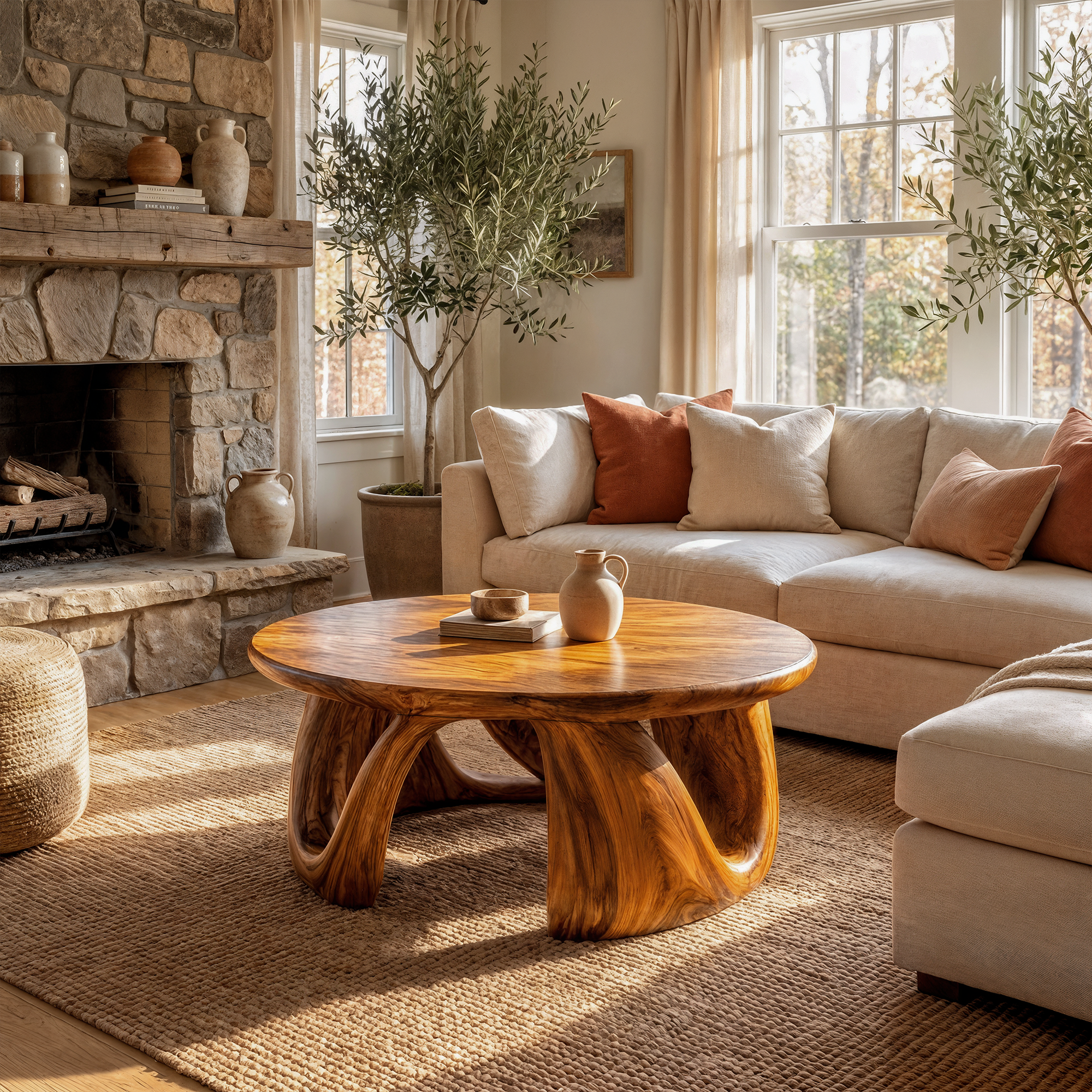 Organic Modern Coffee Table With Round Wood Top And Artistic Curved Base For Living Room SINLKICF379