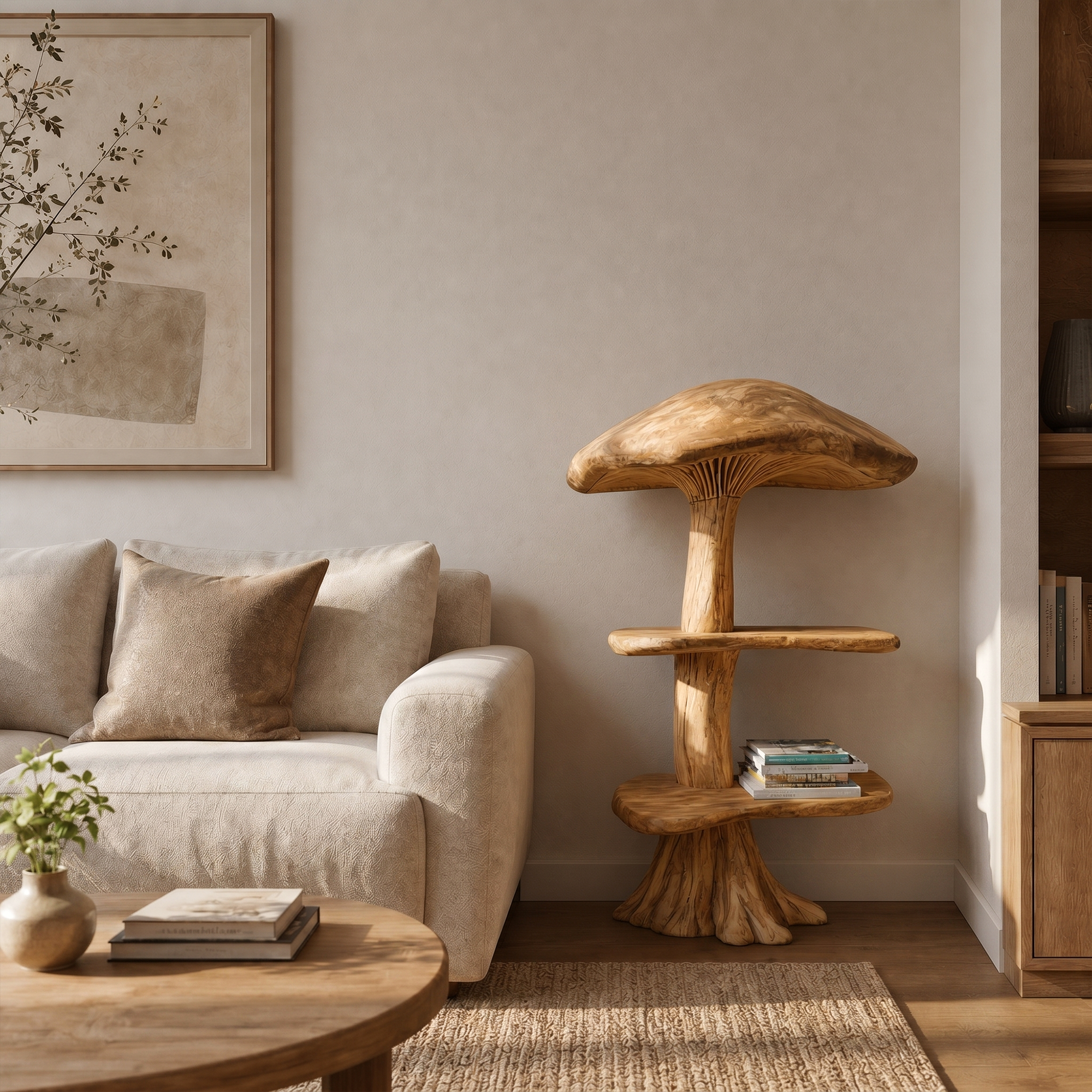 Organic Mushroom Display Bookshelf With Solid Wood Shelving For Living Room SINLKITB746