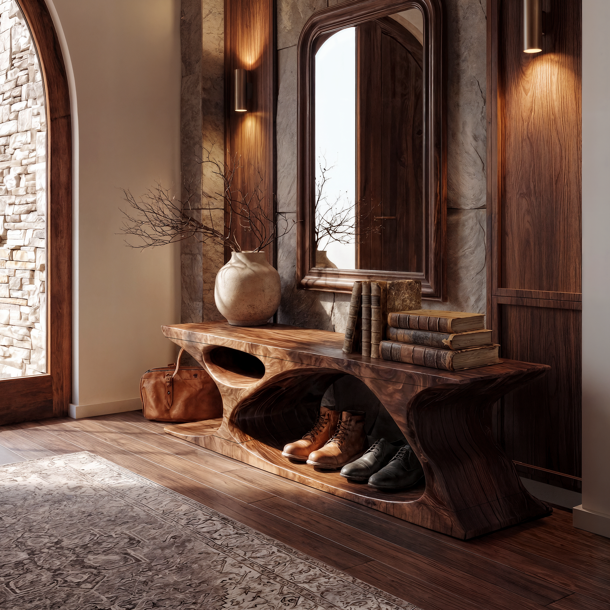 Modern Bench With Sculptural Open Base And Built In Shoe Storage For Entryway SINLKIRS117