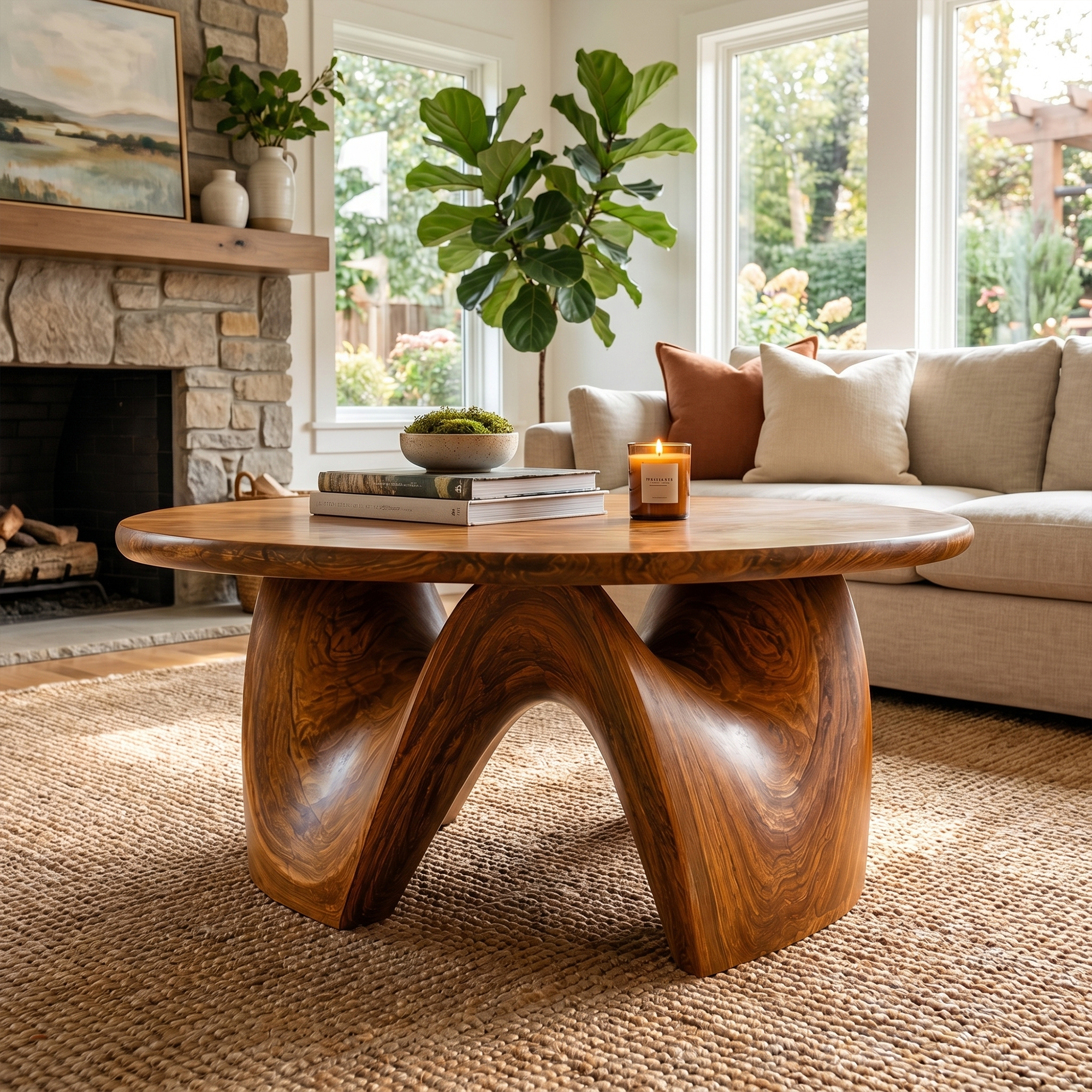 Rustic Coffee Table With Sculptural Solid Wood Base And Round Live Edge Top For Living Room SINLKICF381