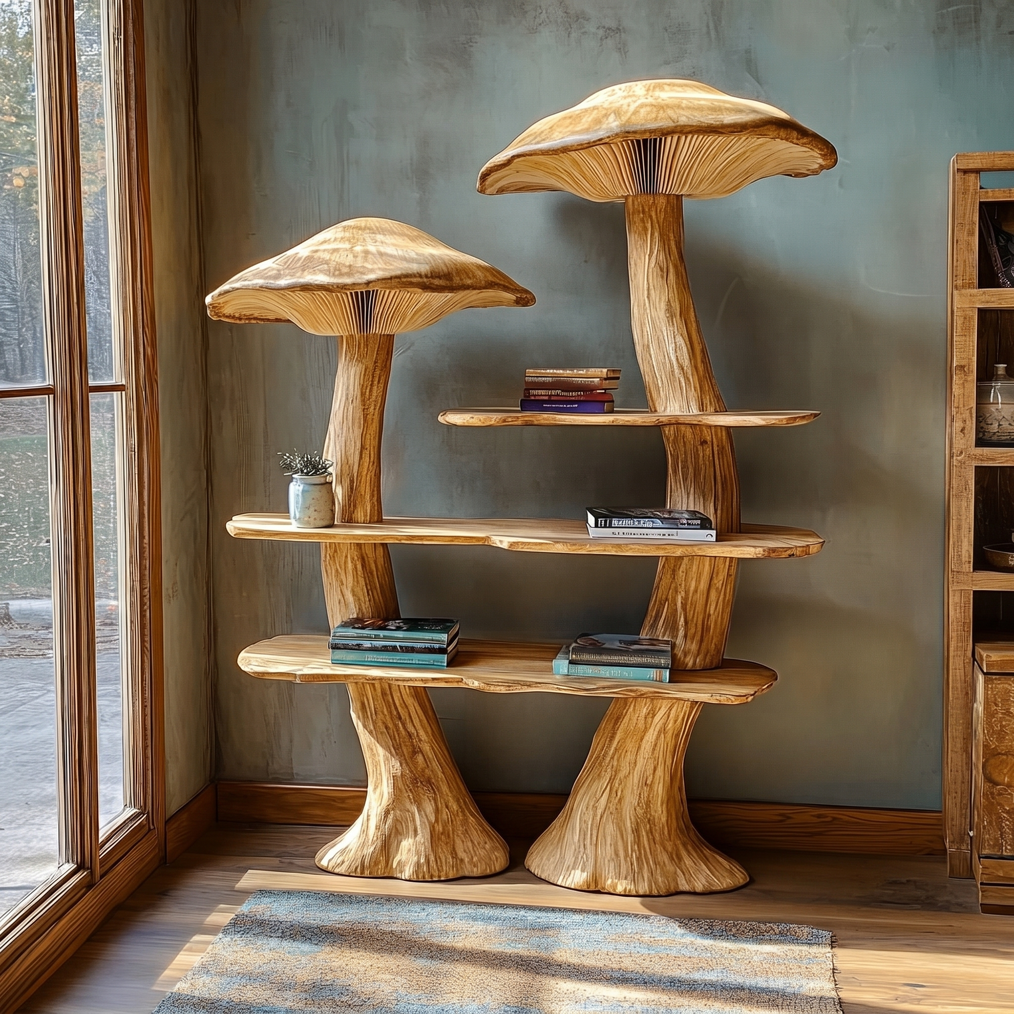 Rustic Mushroom Bookshelf With Tree Trunk Base And Solid Wood Shelves For Living Room SINLKITB748