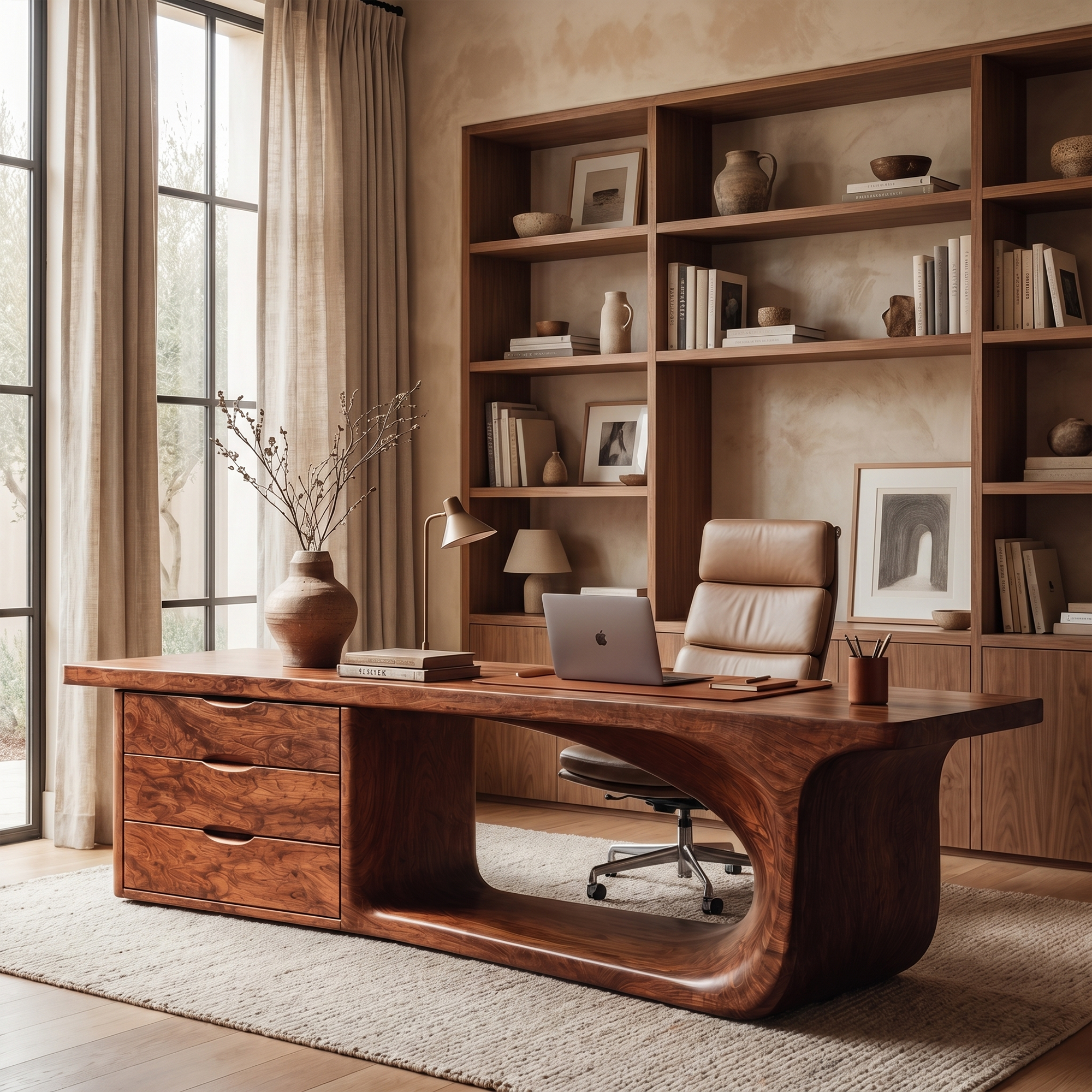 Rustic Executive Desk With Sculptural Solid Wood Base And Integrated Storage For Home Office SINLKIDK117