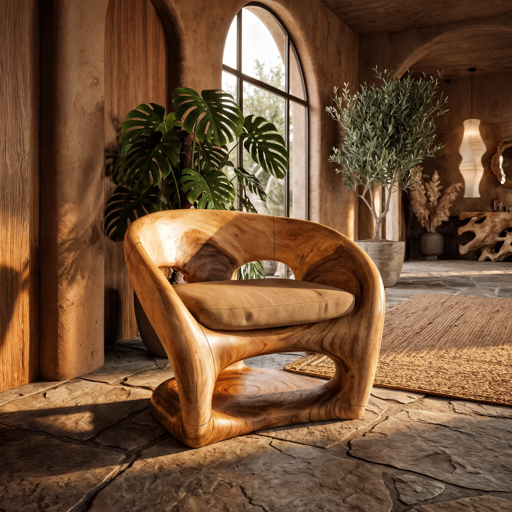 Nature Inspired Armchair Artistic Curved Wood Design For Living Room SINLKIAC028