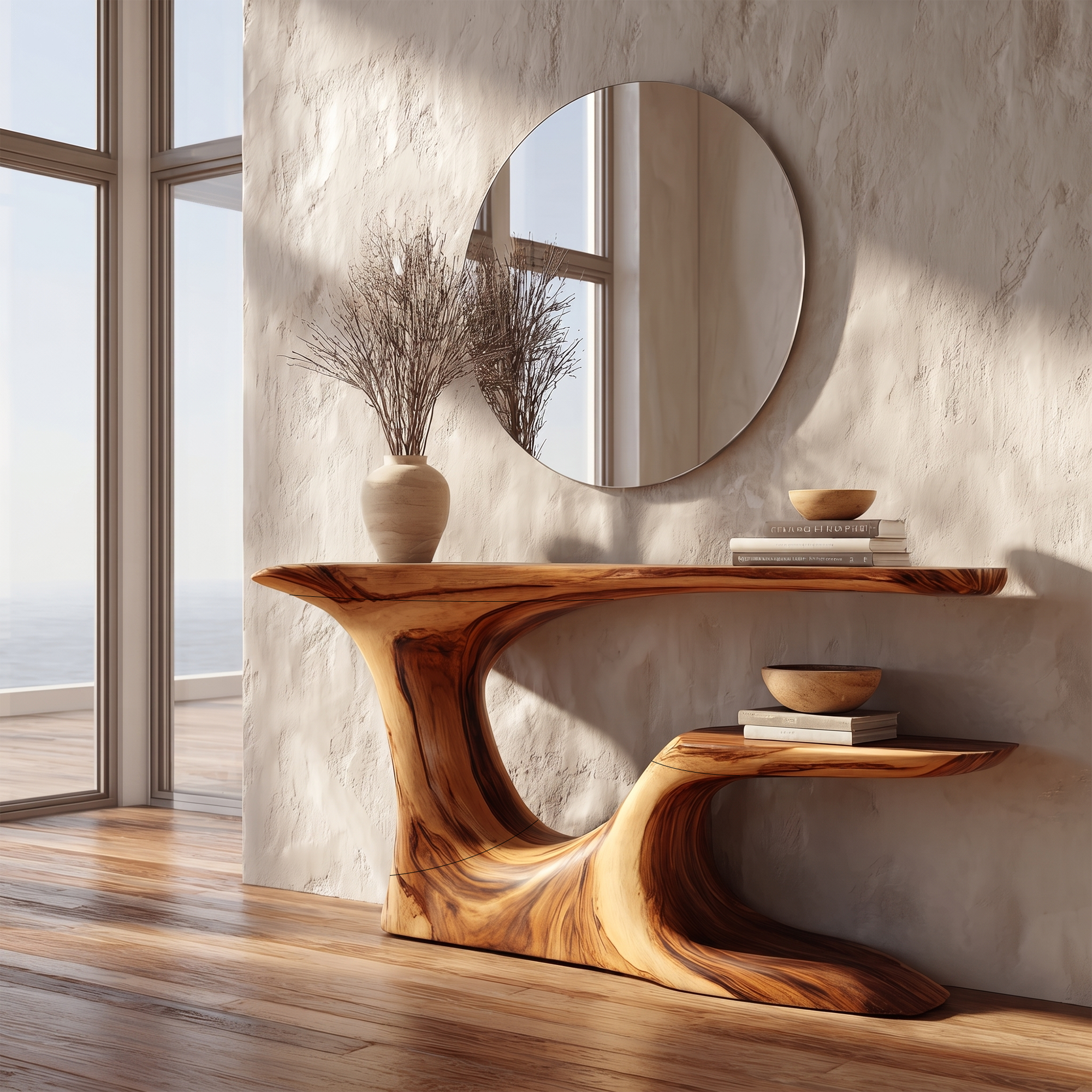Rustic Organic Console Table With Live Edge Top And Sculptural Solid Wood Base For Entryway SINLKICS603