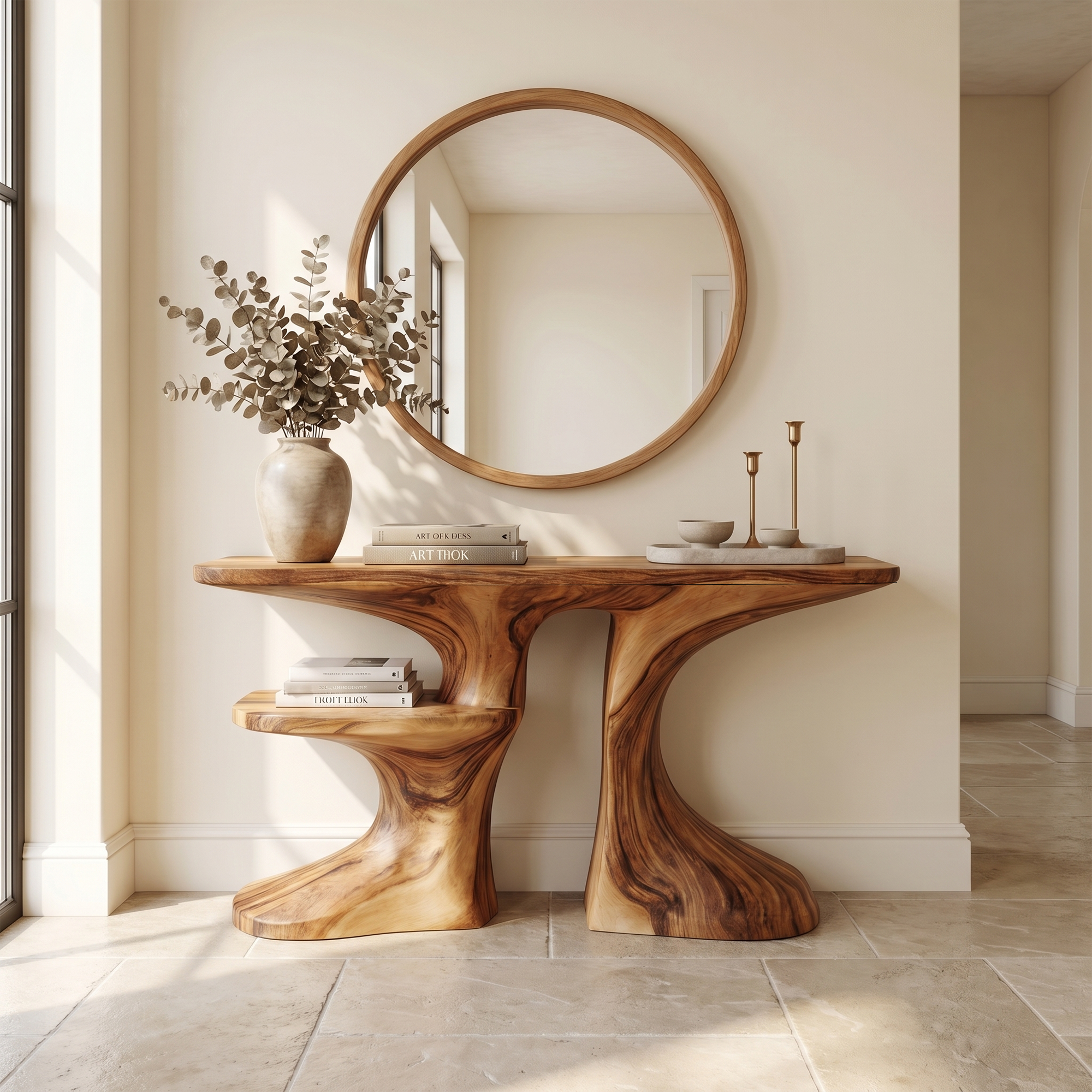 Organic Console Table With Live Edge Countertop And Sculptural Solid Wood Base For Entryway SINLKICS604