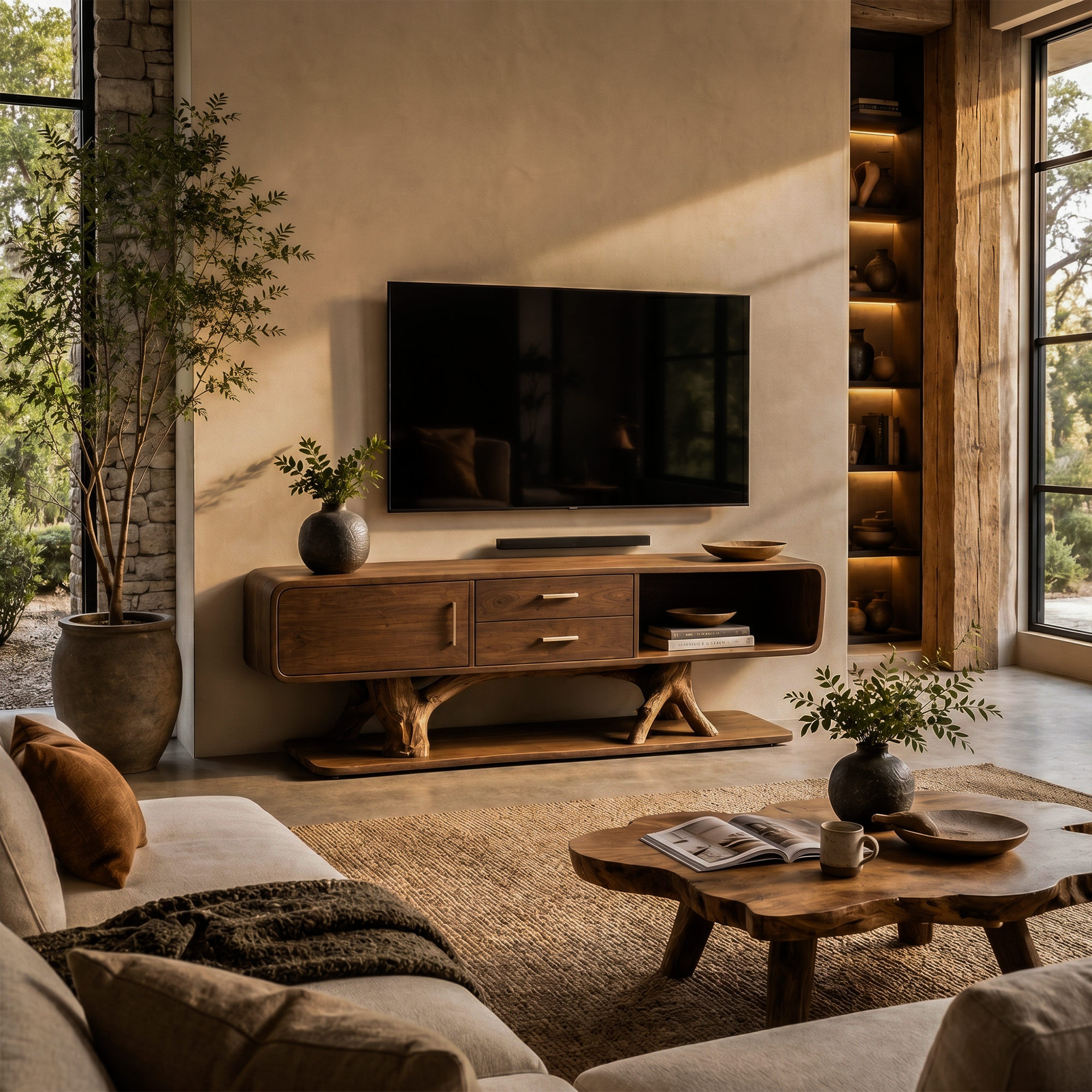 Modern Organic TV Cabinet With Built In Drawer Storage For Living Room SINLKITC046