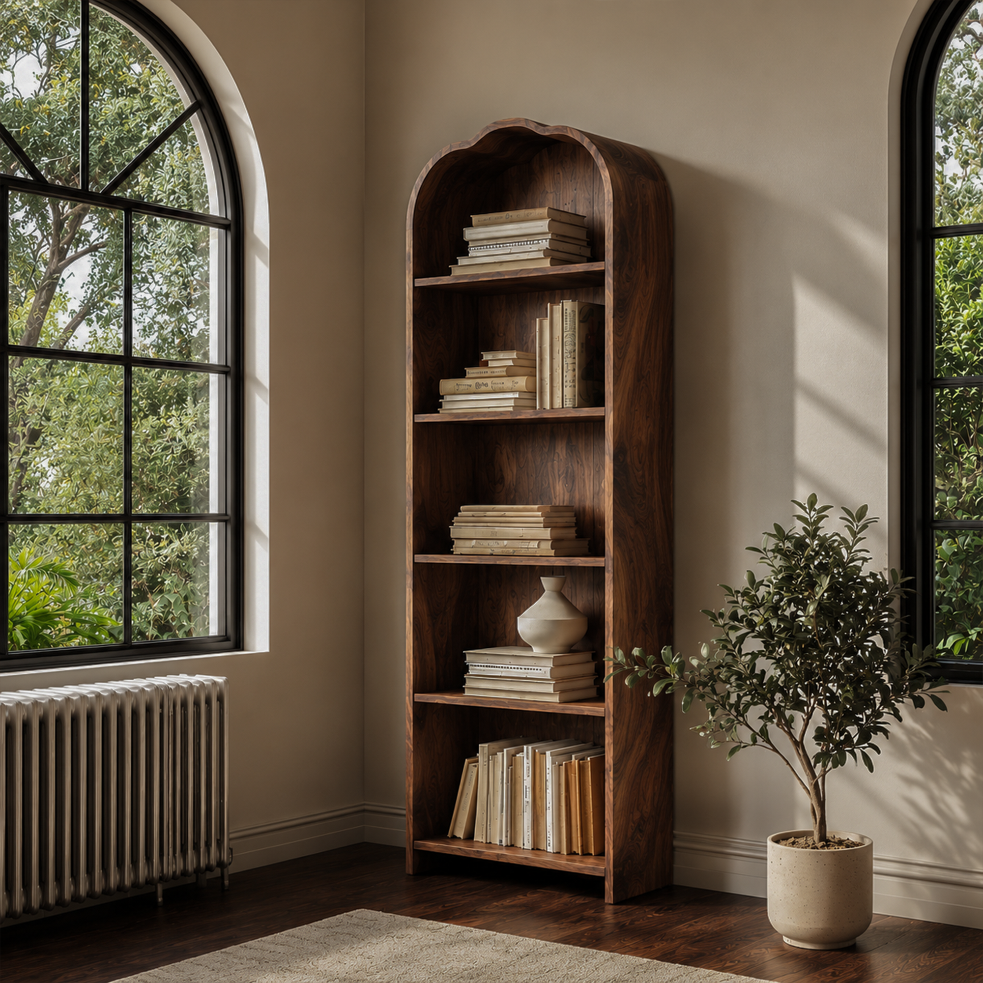 Rustic Arched Bookshelf With Solid Wood Frame And Open Display Shelves For Living Room SINLKIBS034