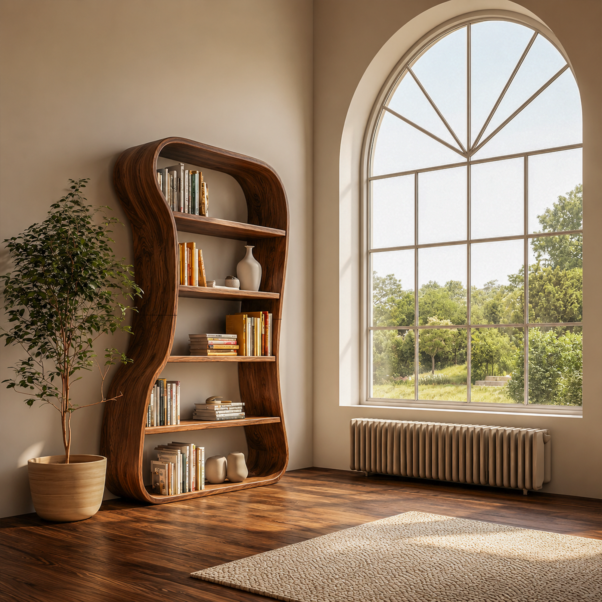 Organic Bookshelf With Sculptural Curved Solid Wood Shelves For Living Room SINLKIBS035