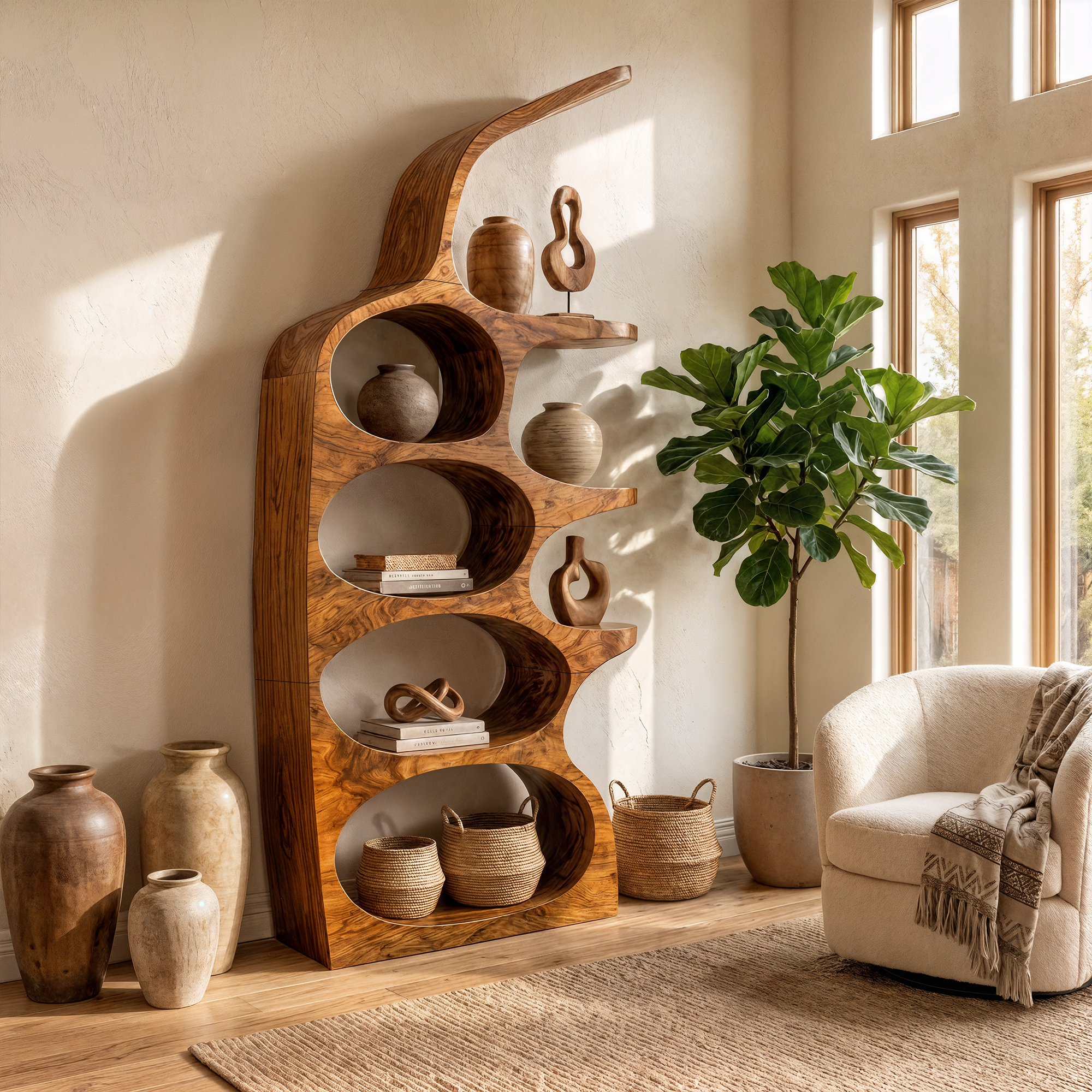 Modern Sculptural Bookshelf With Curved Open Shelves And Solid Wood Design For Living Room SINLKIBS036