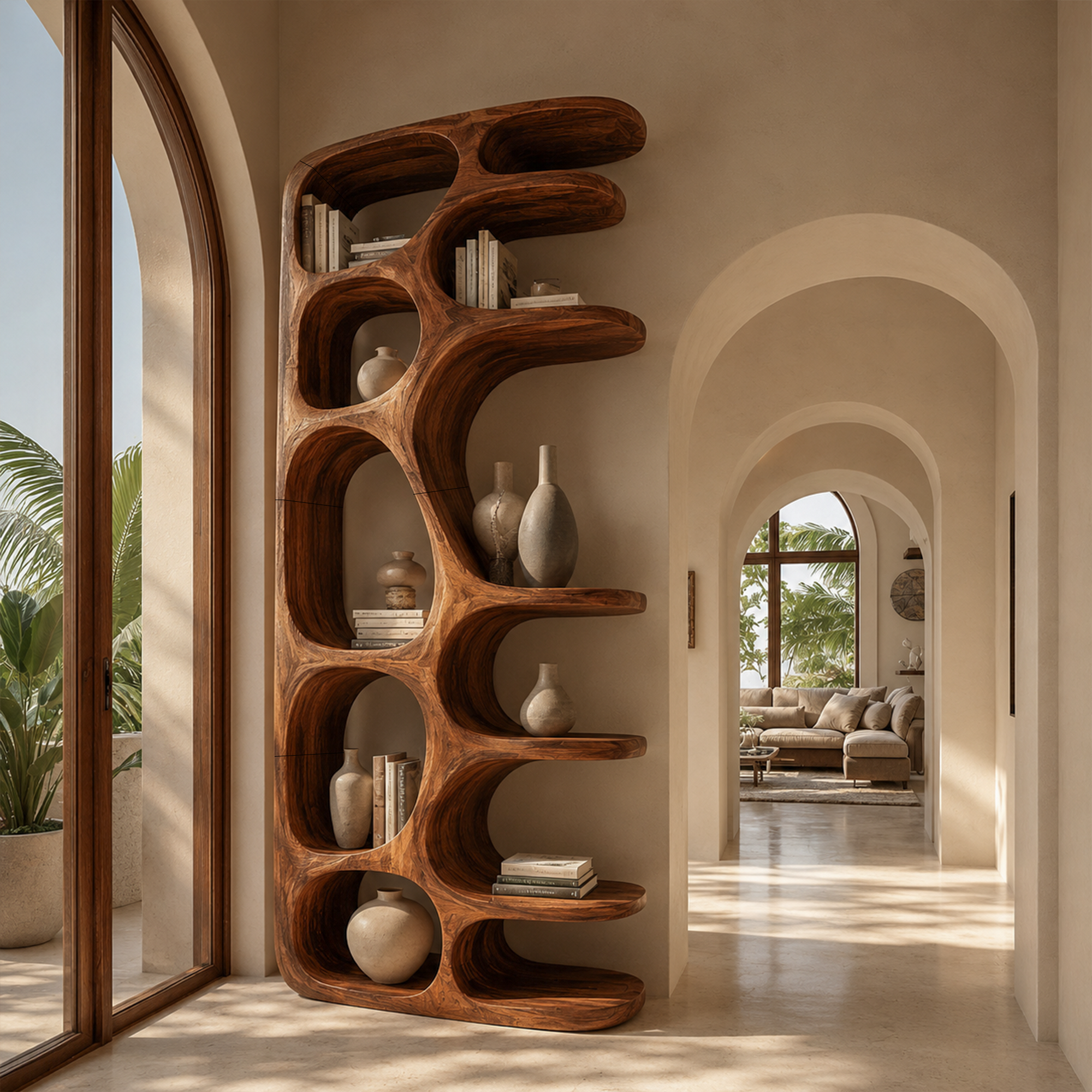 Minimalist Sculptural Bookshelf With Solid Wood Construction For Living Room SINLKIBS037