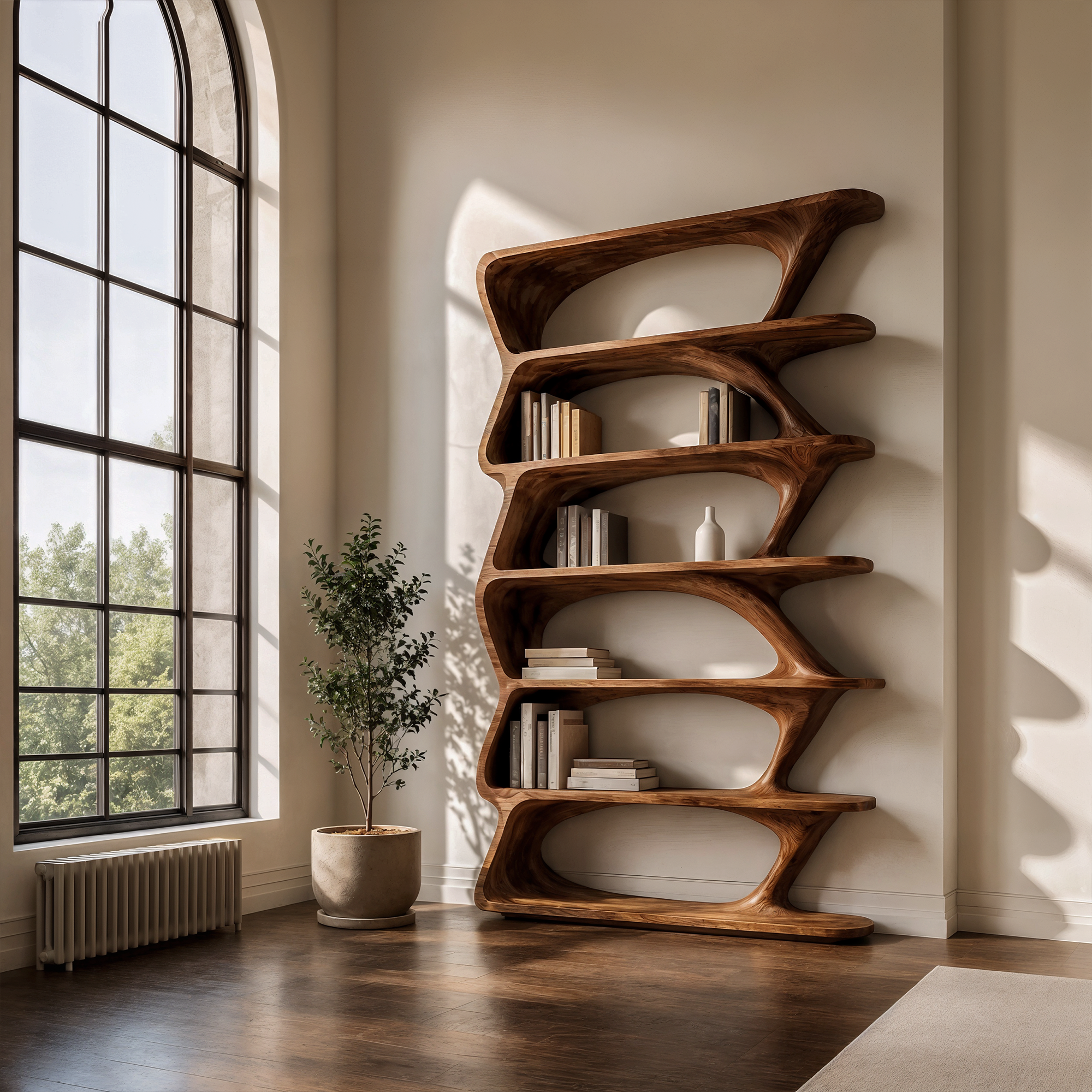 Modern Organic Bookshelf With Sculptural Asymmetrical Shelves And Solid Wood Frame For Living Room SINLKIBS038