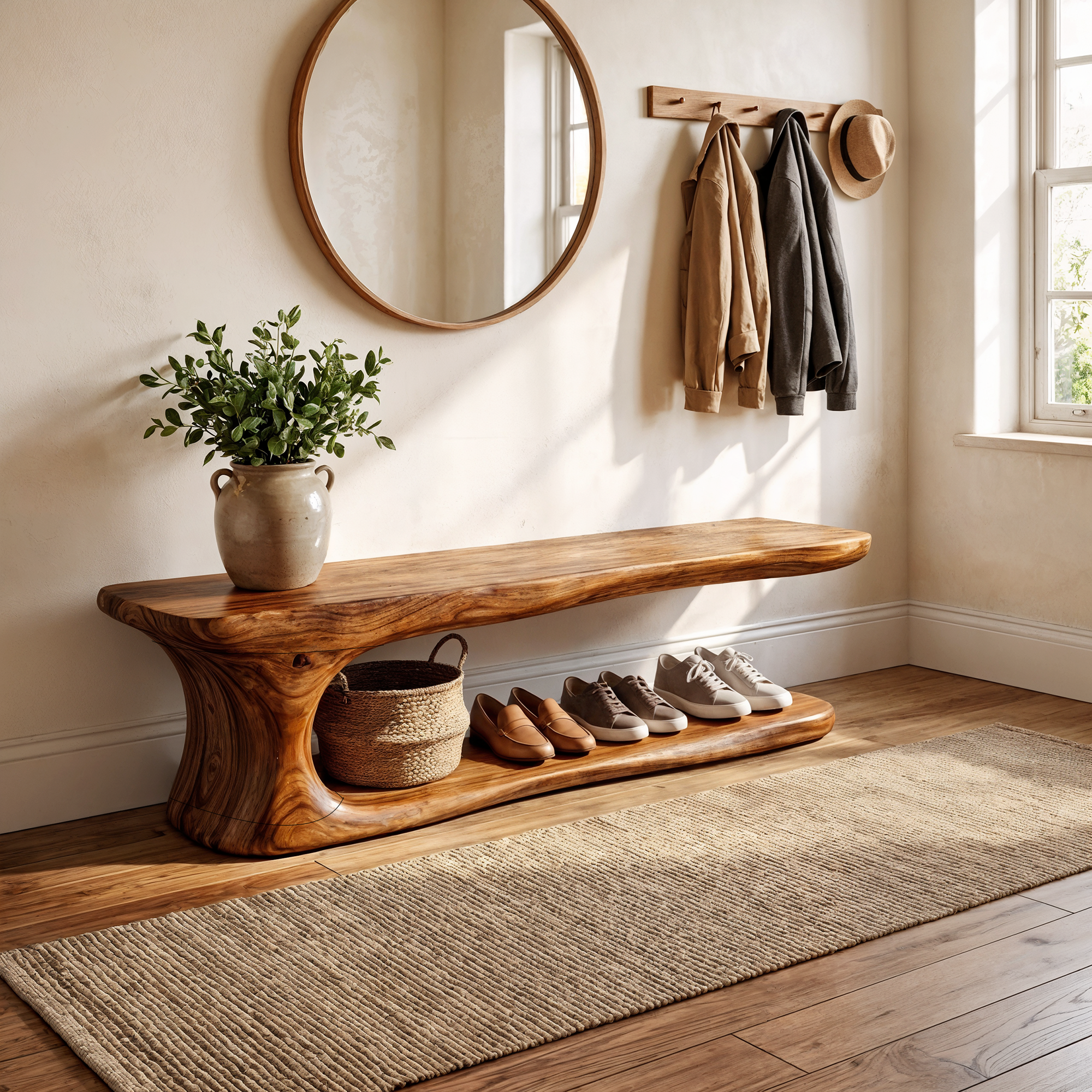 Rustic Natural Edge Wooden Shoe Bench Entry Hall SINLKISB054