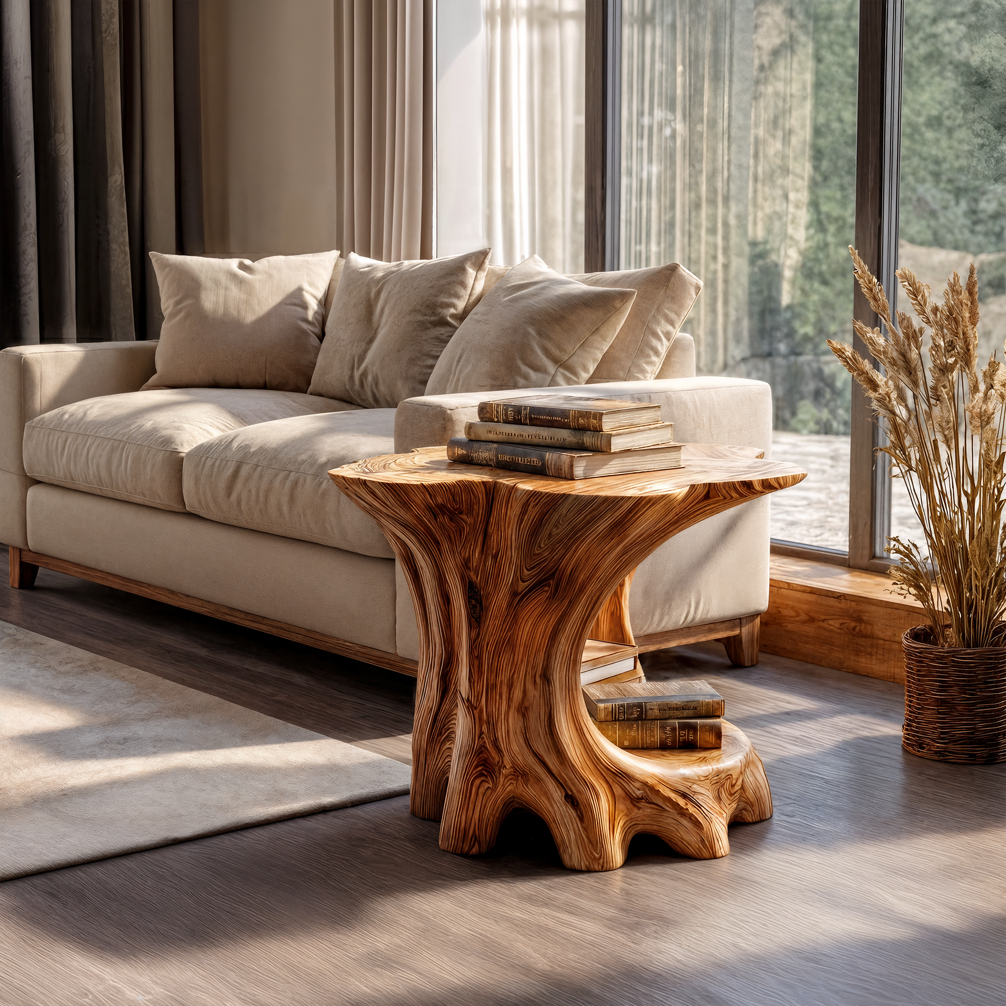 Rustic Beside Table With Solid Wood Base And Open Storage For Living Room SINLKIBT241