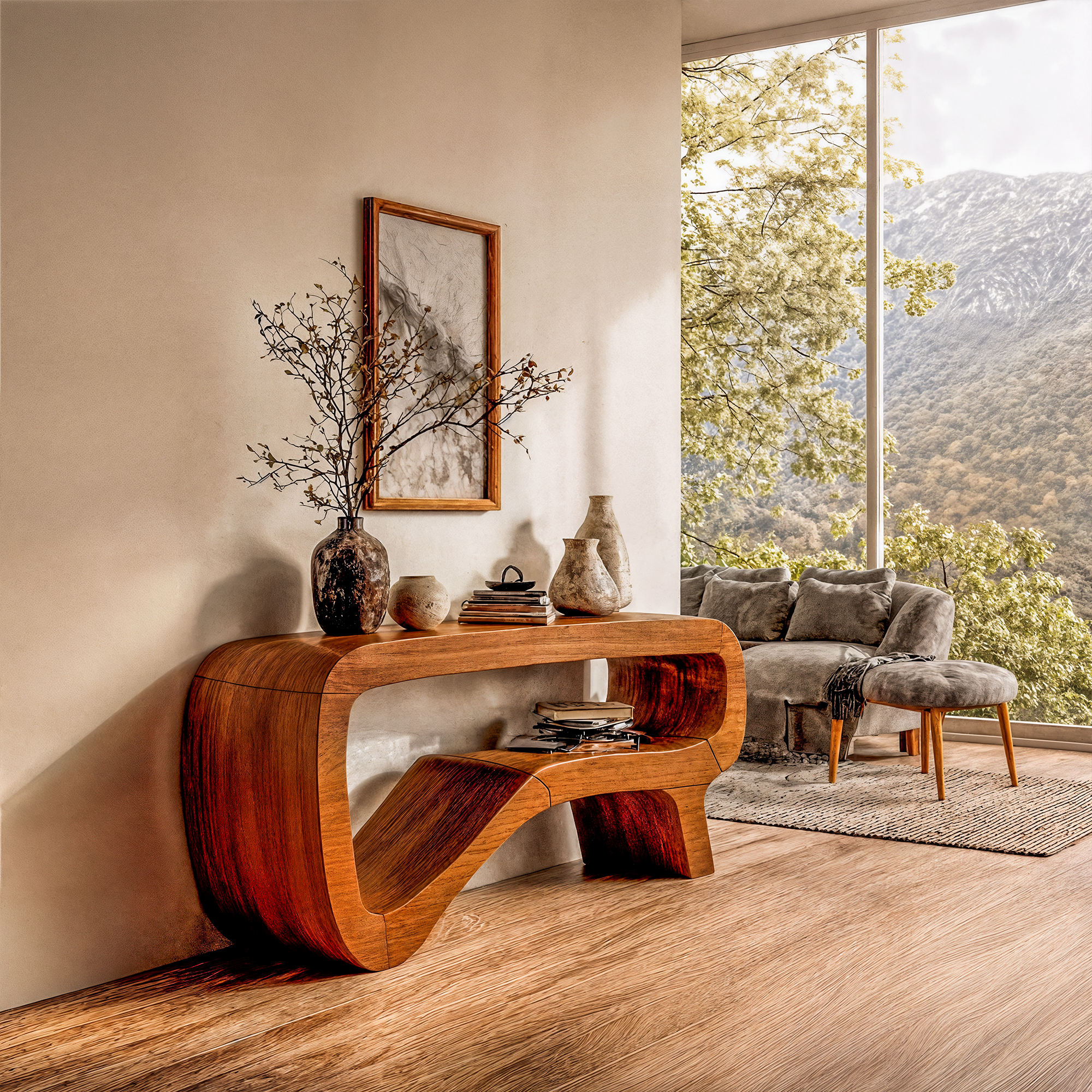 Minimalist Sculptural Console Table Solid Wood For Hallway And Entryway SINLKICS549