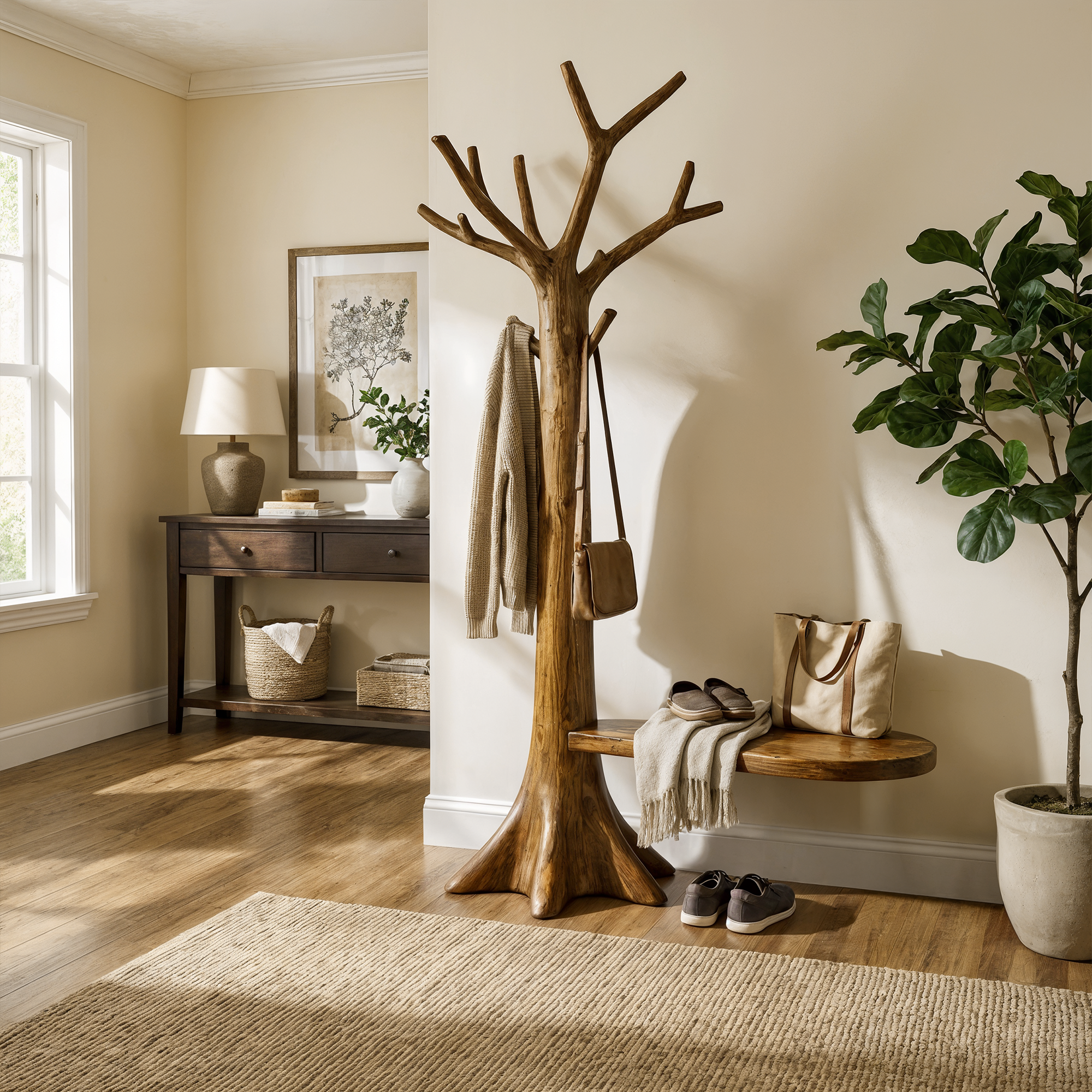 Sculptural Tree Coat Rack Solid Wood Entryway Interior Statement Decor SINLKITCR092
