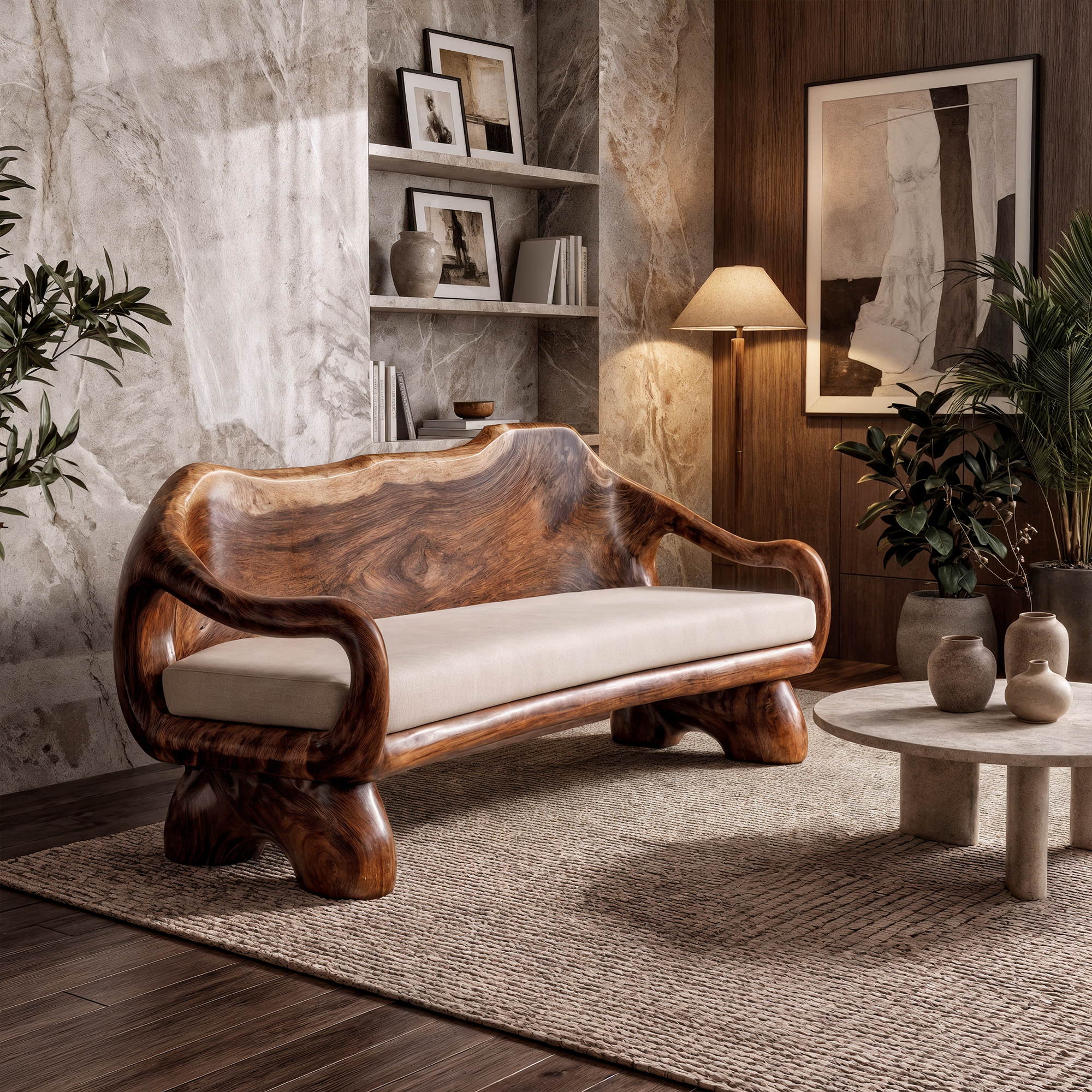 Sculptural Carved Sofa Frame Solid Wood Artistic Hand Carved Design Living Room And Lounge SINLKISF014