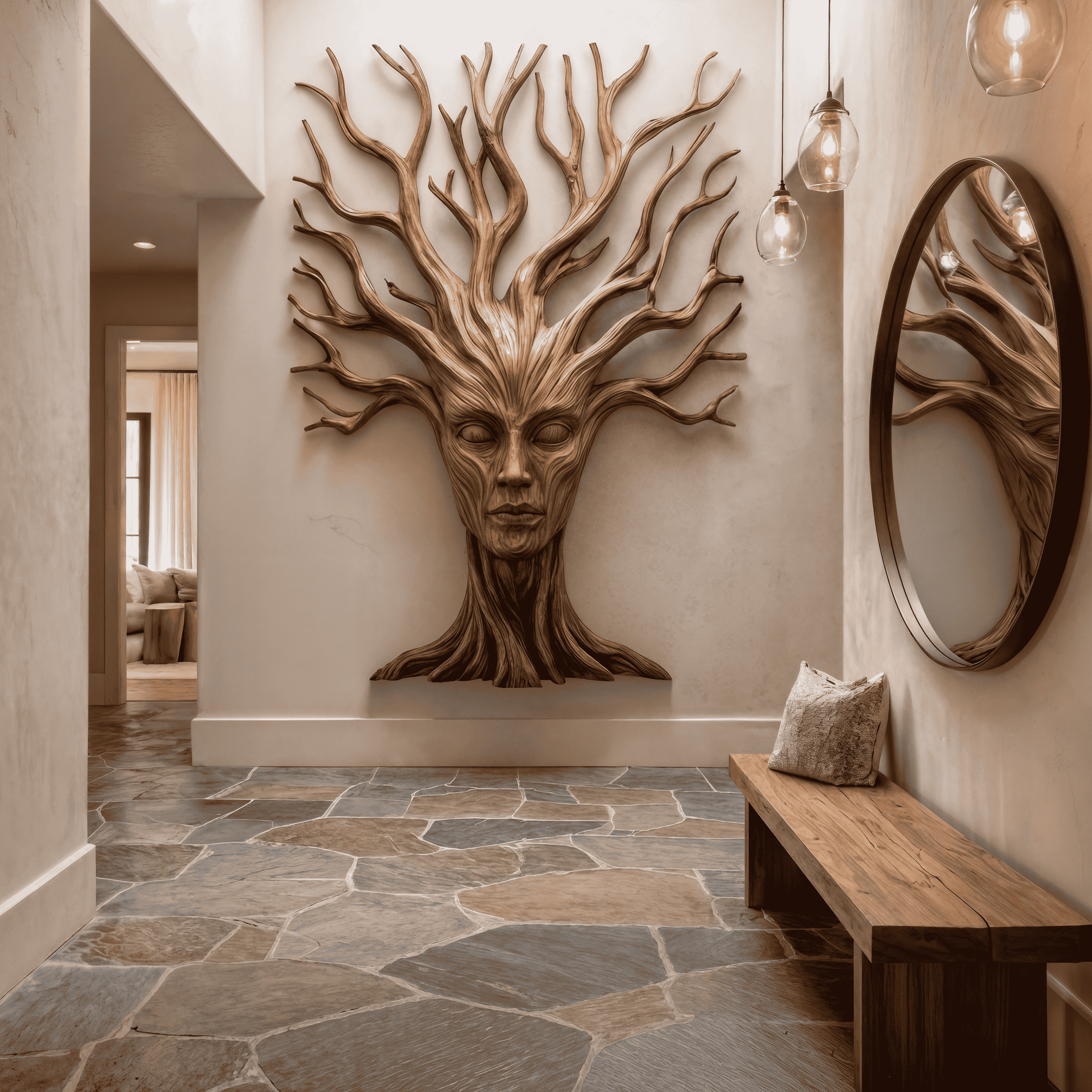 Mystical Tree Spirit Wooden Wall Art With Sculptural Face Design For Entryway And Living Room SINLKIWD104