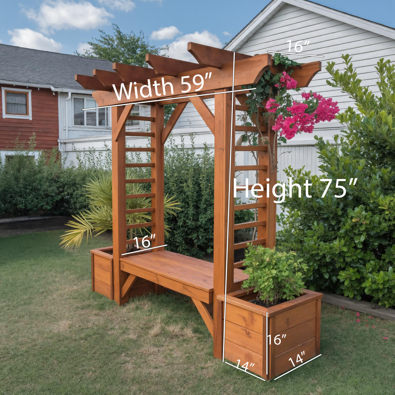 Rustic Wooden Pergola Bench With Planters For Patio Or Garden SITHHNPER001
