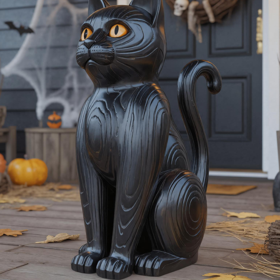 Black Cat Wooden Halloween Statue For Porch Or Outdoor Decor SITHTTHW001